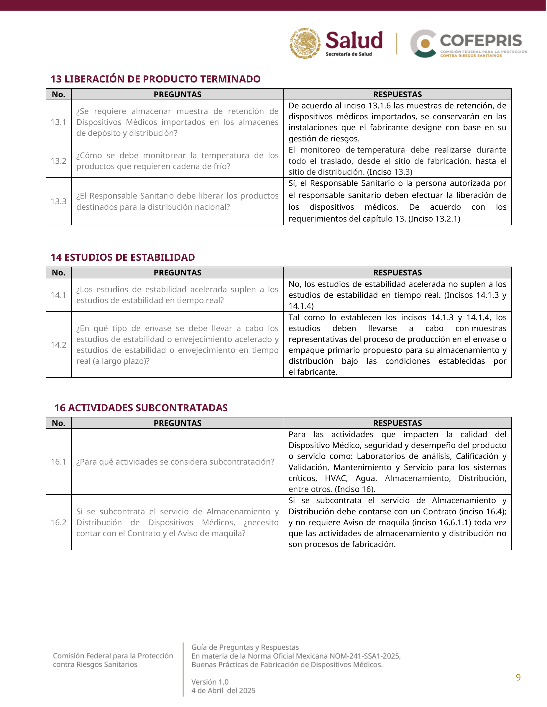 COFEPRIS NOM-241-SSA1-2025 questions and answers, version 1.0 — original physical PDF page 9; complete original page layout, table cells and figures retained.