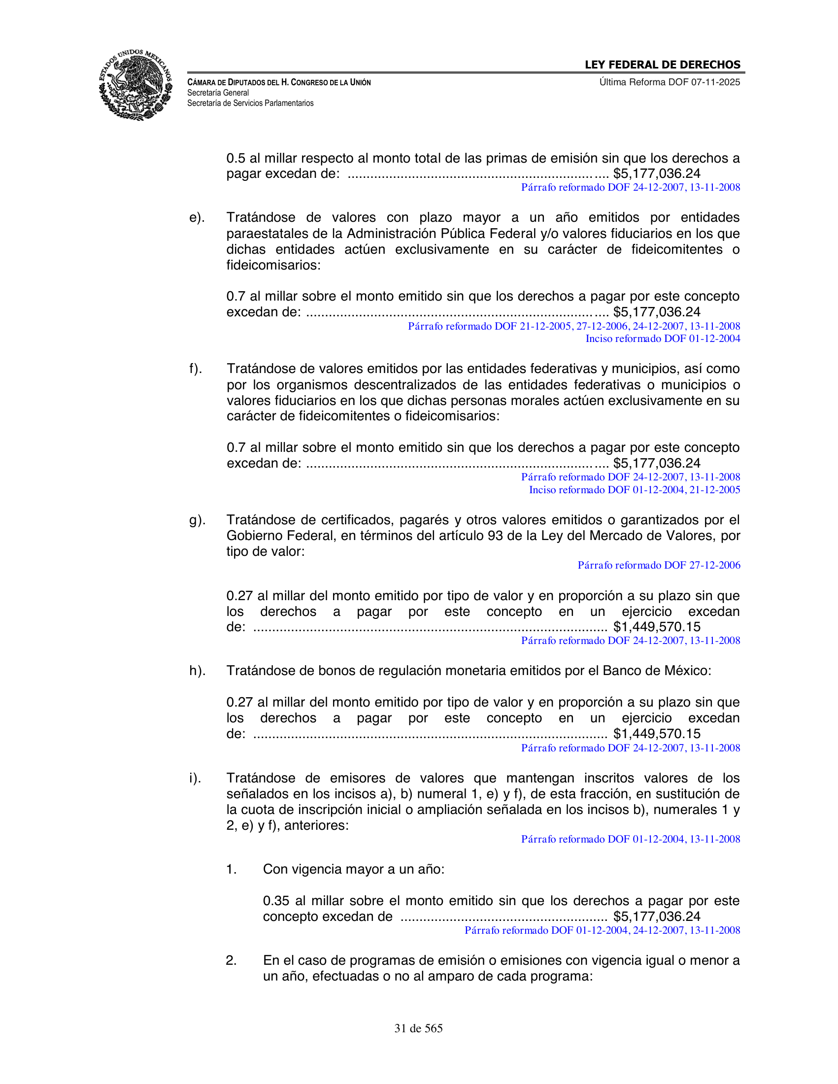 Ley Federal de Derechos — official Chamber compilation — original physical page 31 of 565; complete original page image governs, native search text may be incomplete.
