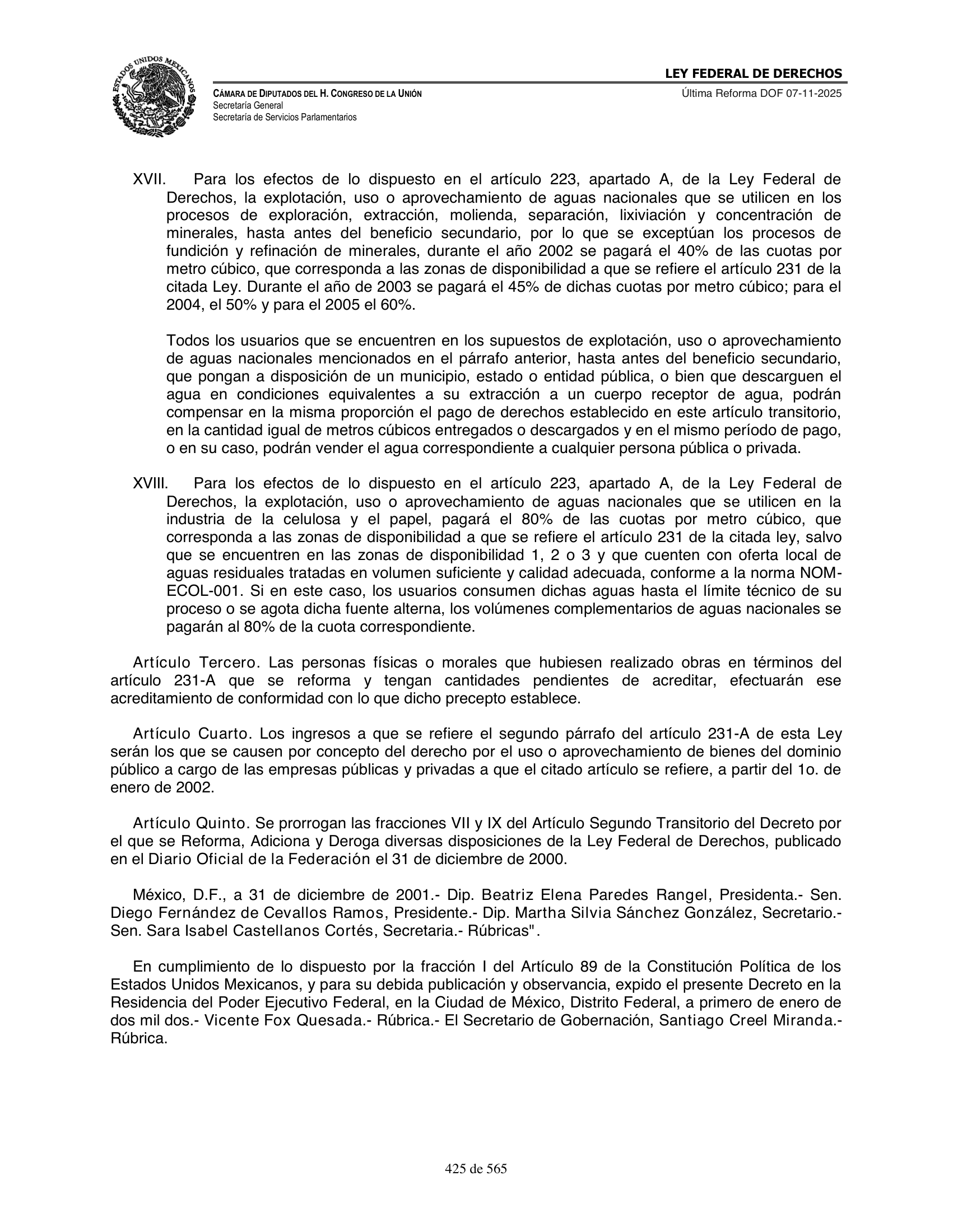 Ley Federal de Derechos — official Chamber compilation — original physical page 425 of 565; complete original page image governs, native search text may be incomplete.