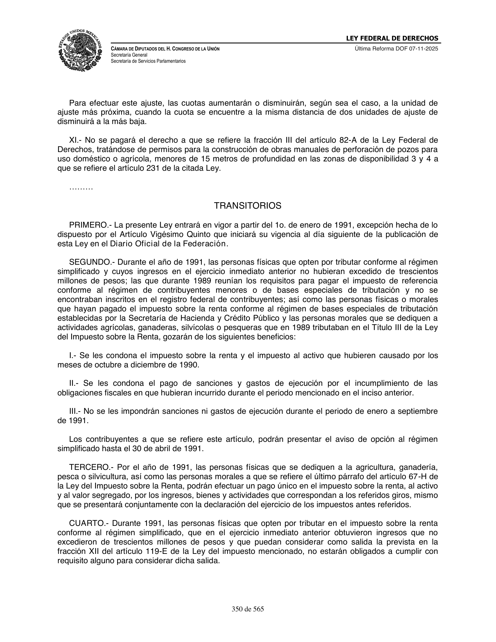 Ley Federal de Derechos — official Chamber compilation — original physical page 350 of 565; complete original page image governs, native search text may be incomplete.