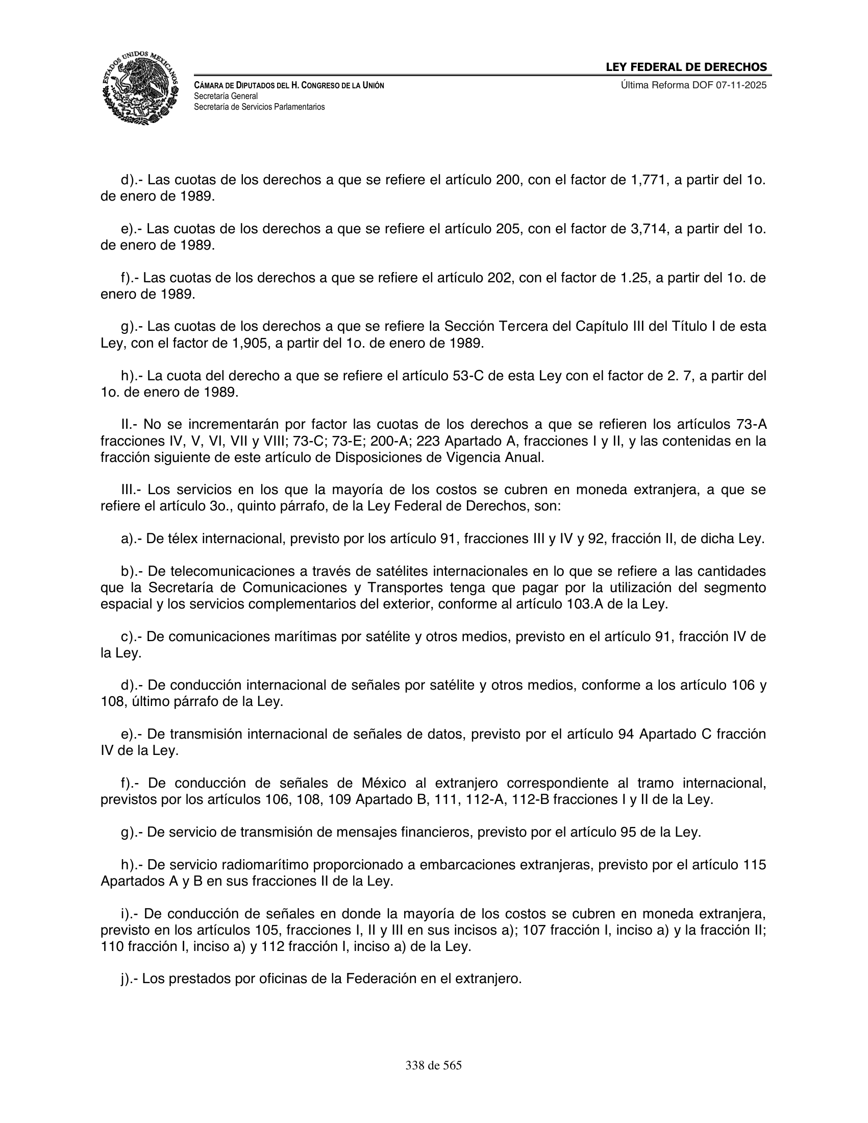 Ley Federal de Derechos — official Chamber compilation — original physical page 338 of 565; complete original page image governs, native search text may be incomplete.