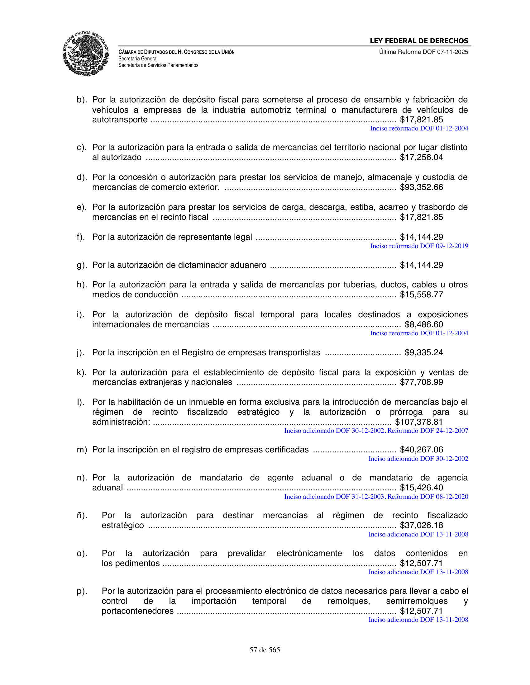 Ley Federal de Derechos — official Chamber compilation — original physical page 57 of 565; complete original page image governs, native search text may be incomplete.