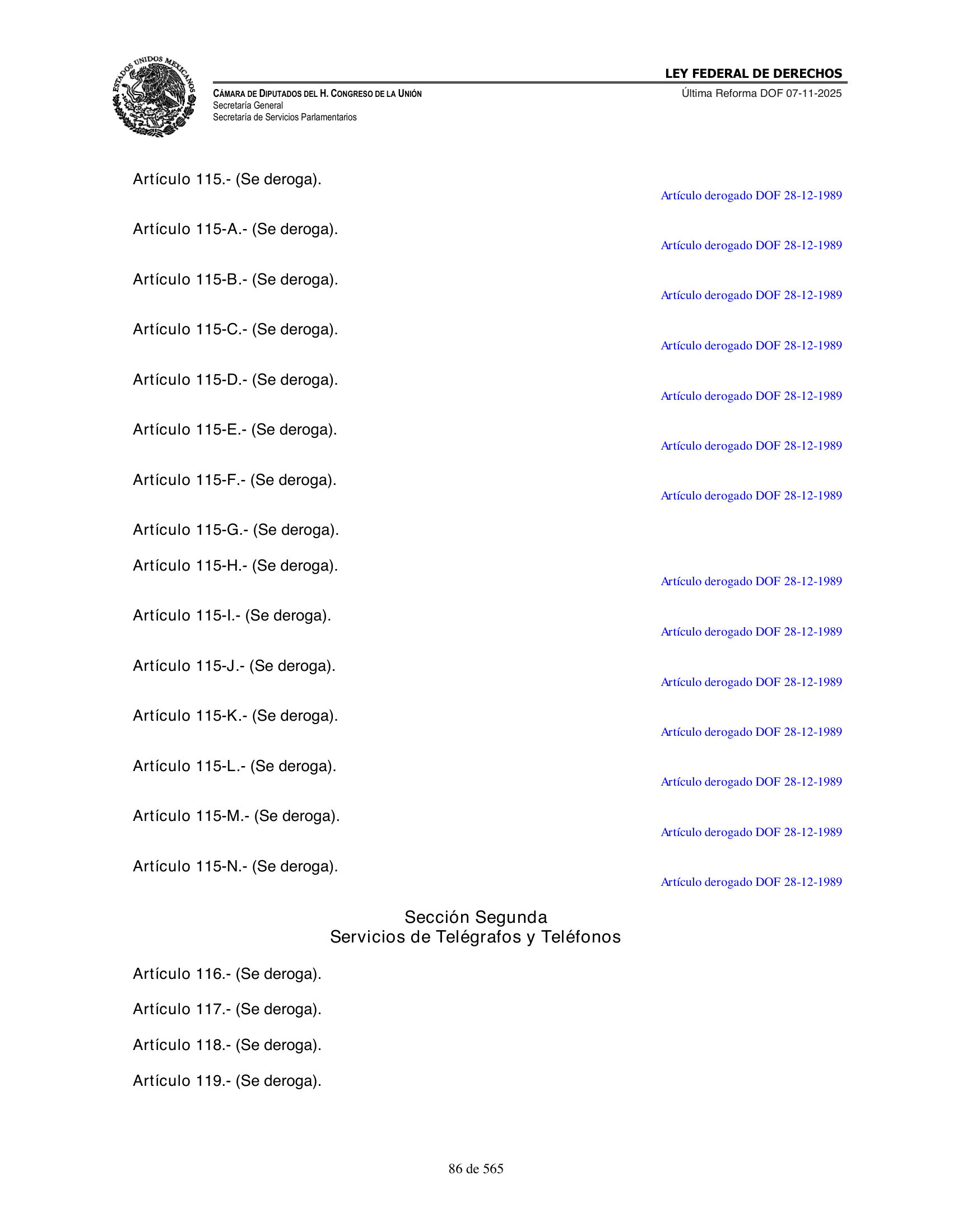 Ley Federal de Derechos — official Chamber compilation — original physical page 86 of 565; complete original page image governs, native search text may be incomplete.