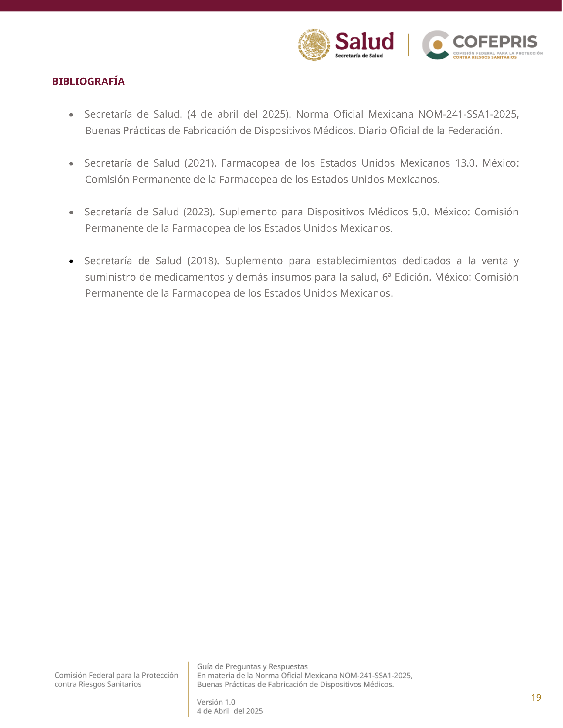 COFEPRIS NOM-241-SSA1-2025 questions and answers, version 1.0 — original physical PDF page 19; complete original page layout, table cells and figures retained.