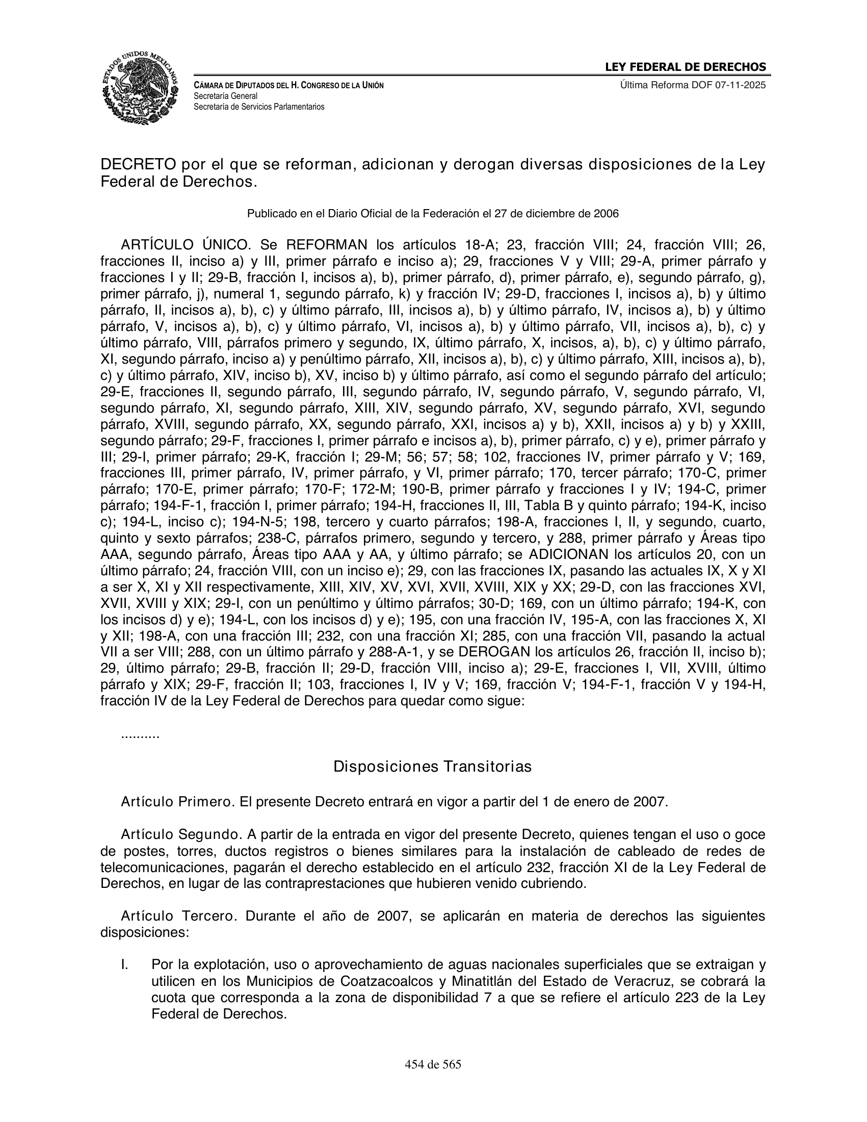 Ley Federal de Derechos — official Chamber compilation — original physical page 454 of 565; complete original page image governs, native search text may be incomplete.