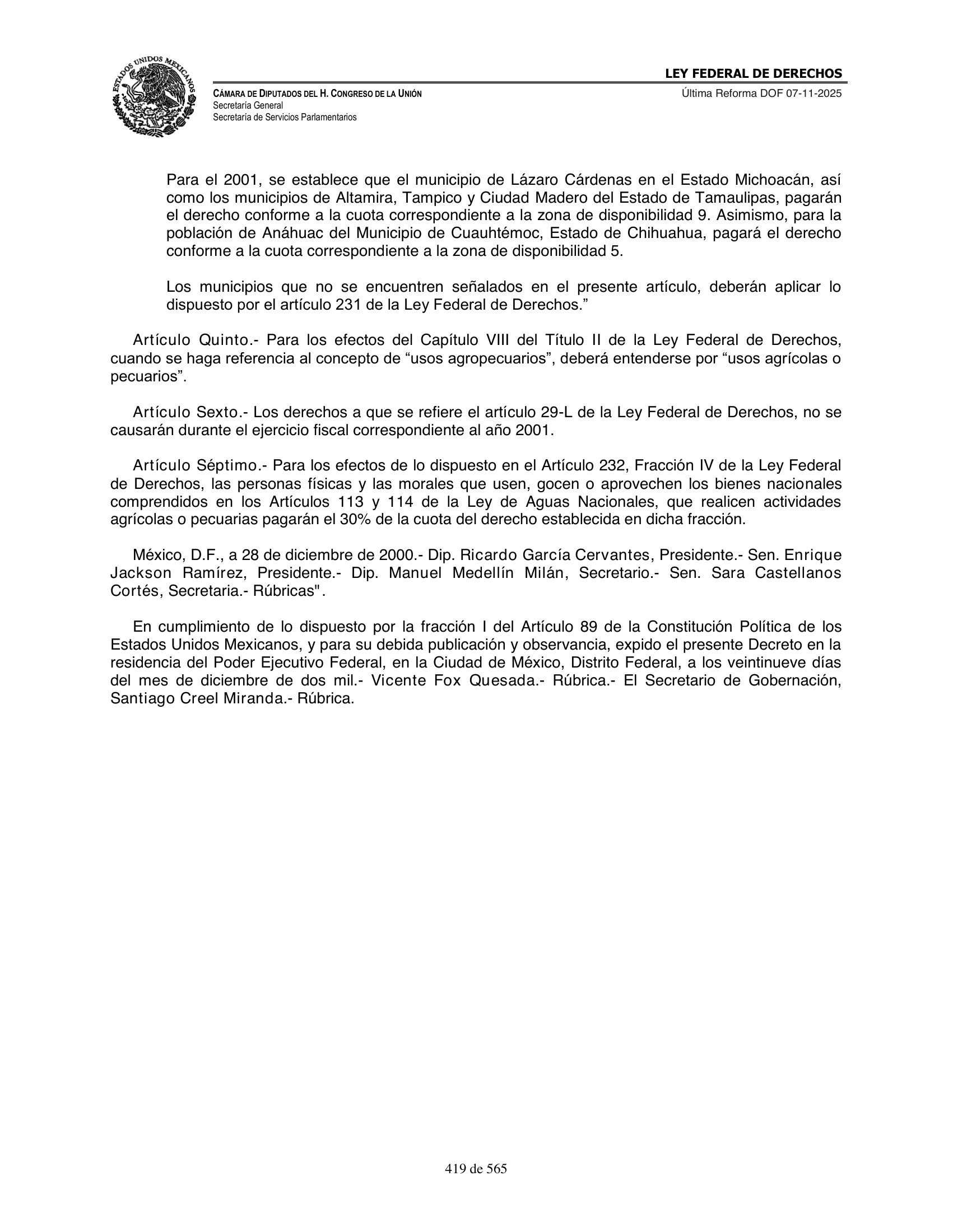 Ley Federal de Derechos — official Chamber compilation — original physical page 419 of 565; complete original page image governs, native search text may be incomplete.