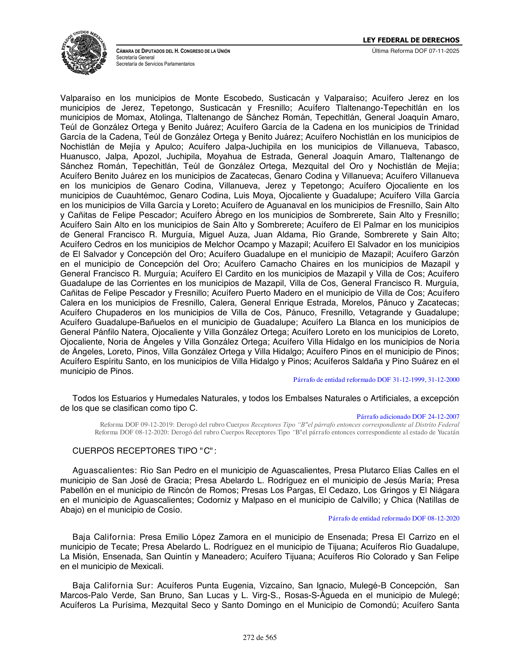 Ley Federal de Derechos — official Chamber compilation — original physical page 272 of 565; complete original page image governs, native search text may be incomplete.