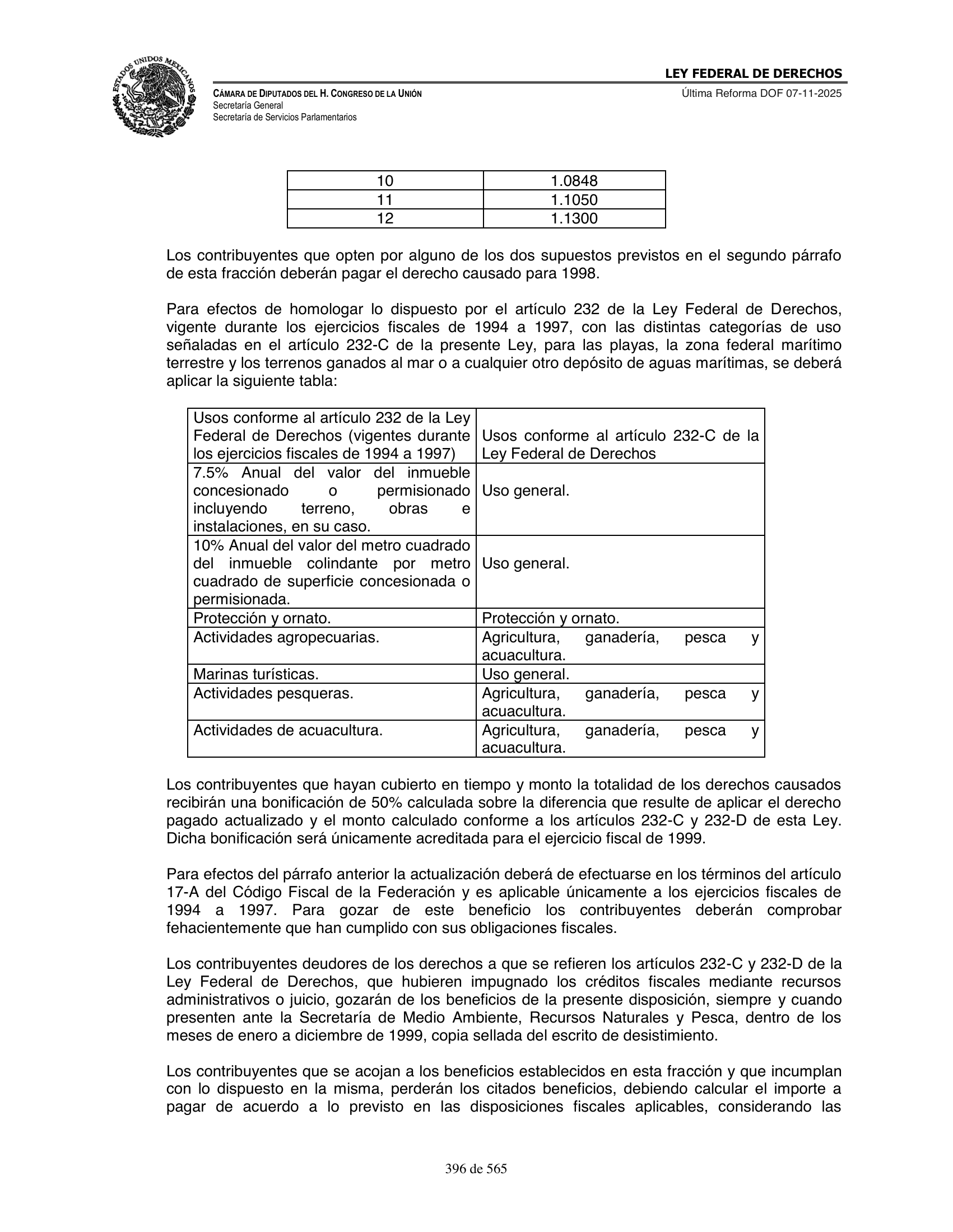 Ley Federal de Derechos — official Chamber compilation — original physical page 396 of 565; complete original page image governs, native search text may be incomplete.