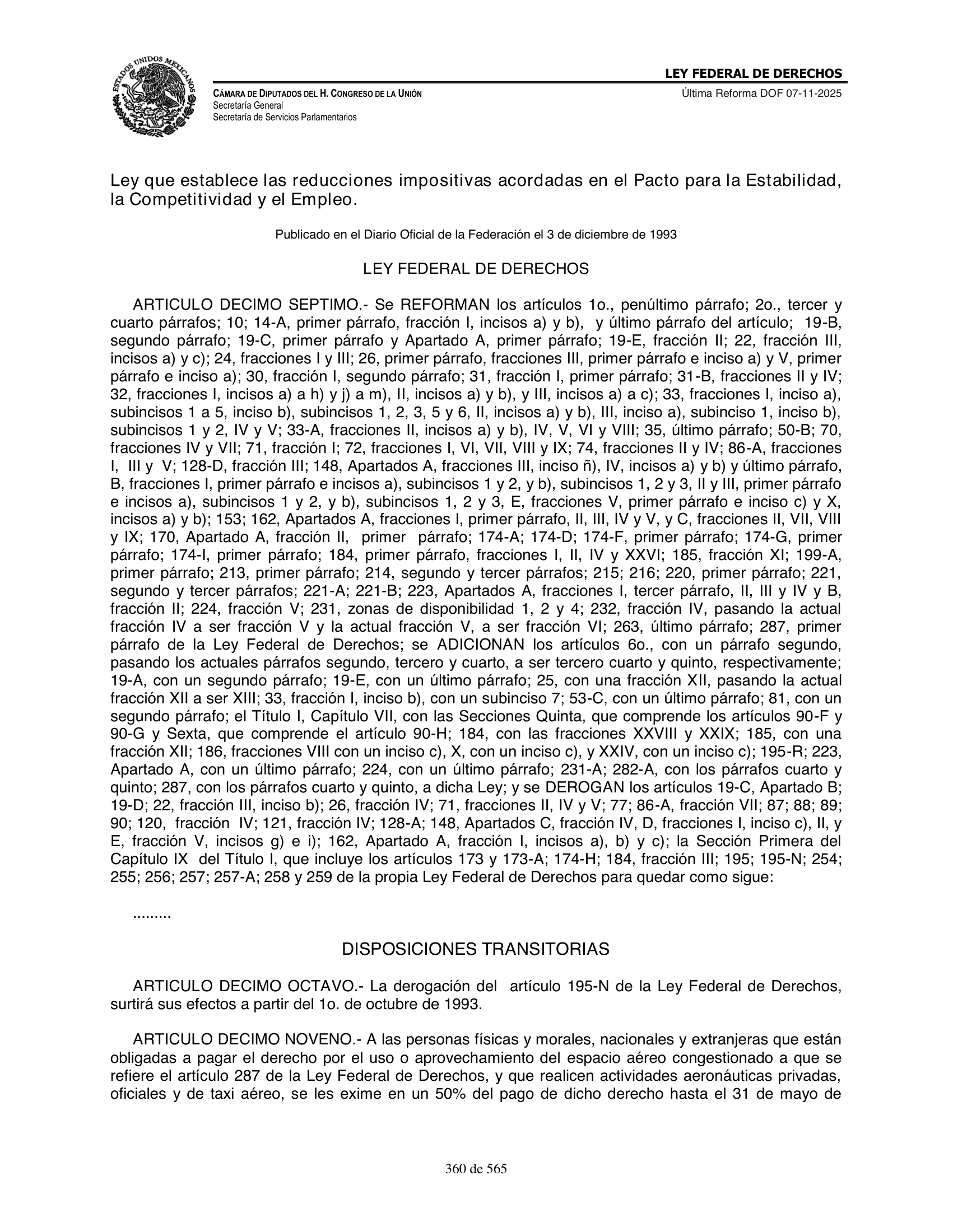 Ley Federal de Derechos — official Chamber compilation — original physical page 360 of 565; complete original page image governs, native search text may be incomplete.