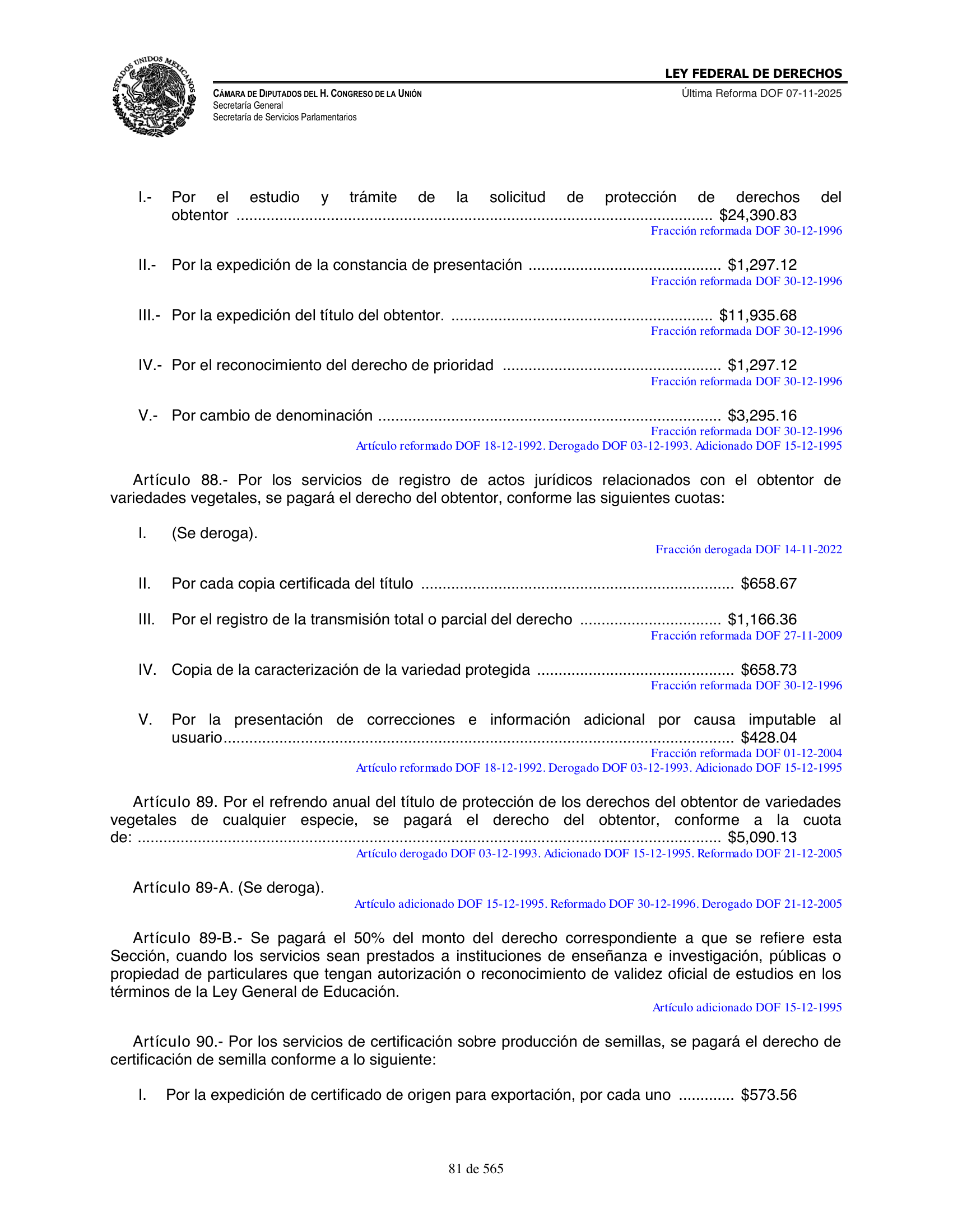 Ley Federal de Derechos — official Chamber compilation — original physical page 81 of 565; complete original page image governs, native search text may be incomplete.