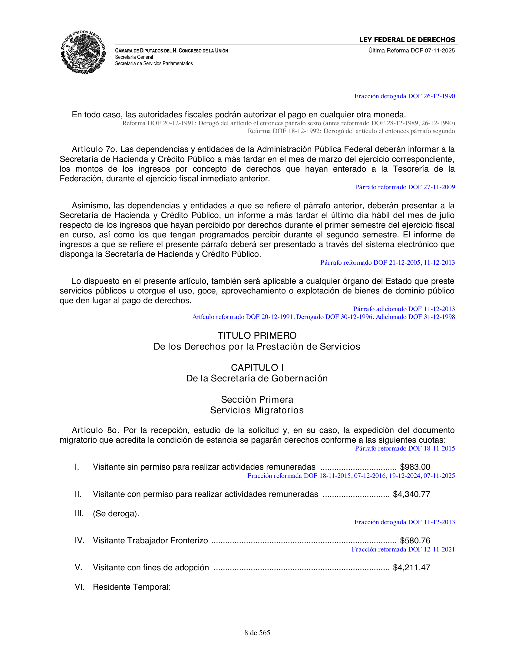 Ley Federal de Derechos — official Chamber compilation — original physical page 8 of 565; complete original page image governs, native search text may be incomplete.