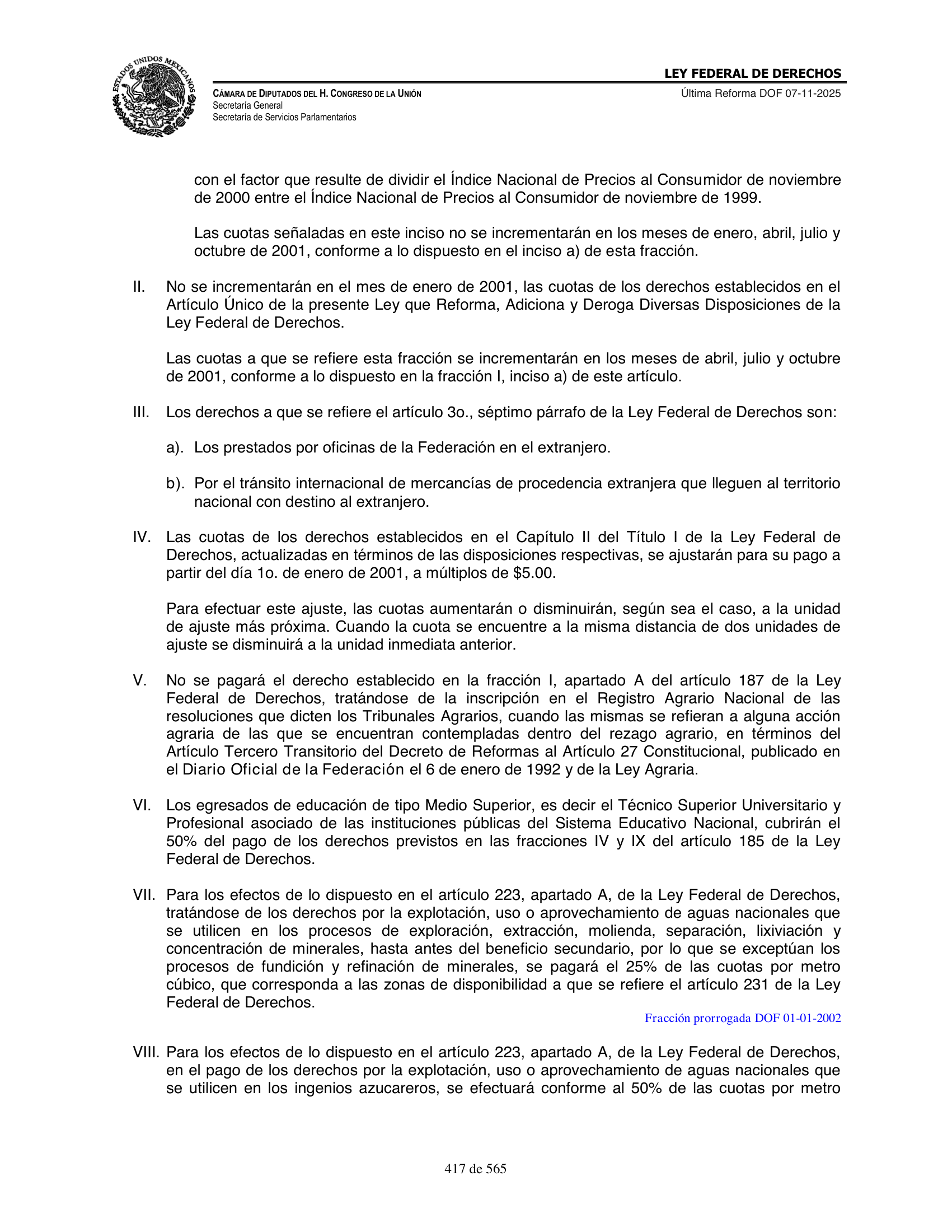 Ley Federal de Derechos — official Chamber compilation — original physical page 417 of 565; complete original page image governs, native search text may be incomplete.