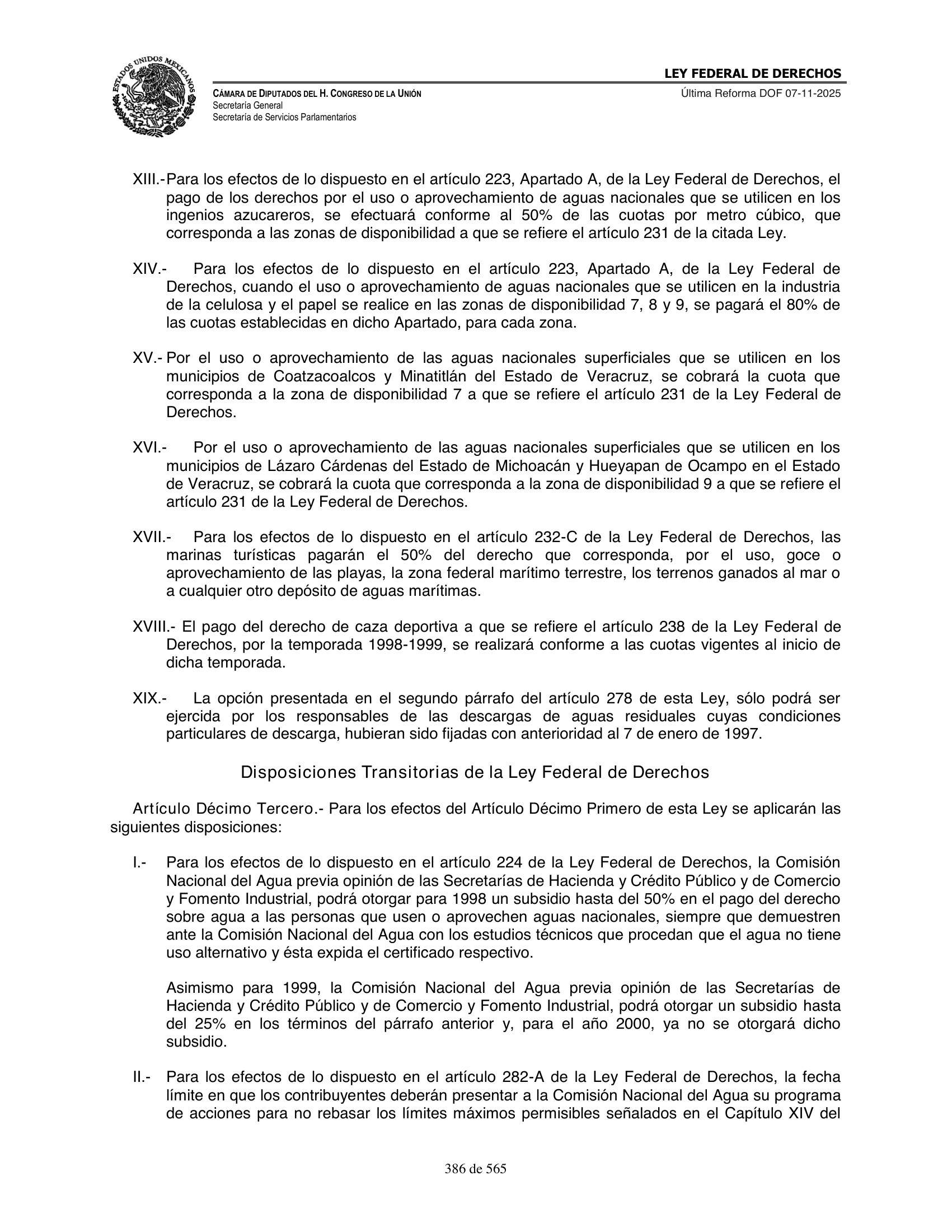 Ley Federal de Derechos — official Chamber compilation — original physical page 386 of 565; complete original page image governs, native search text may be incomplete.