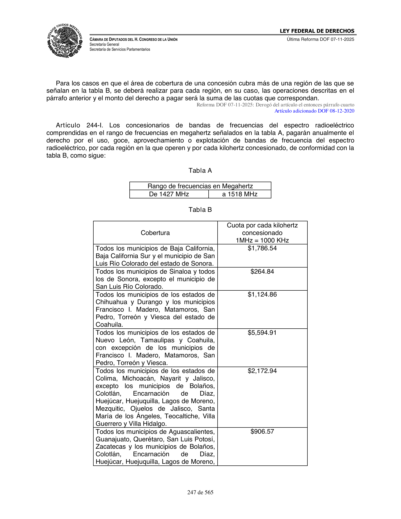 Ley Federal de Derechos — official Chamber compilation — original physical page 247 of 565; complete original page image governs, native search text may be incomplete.