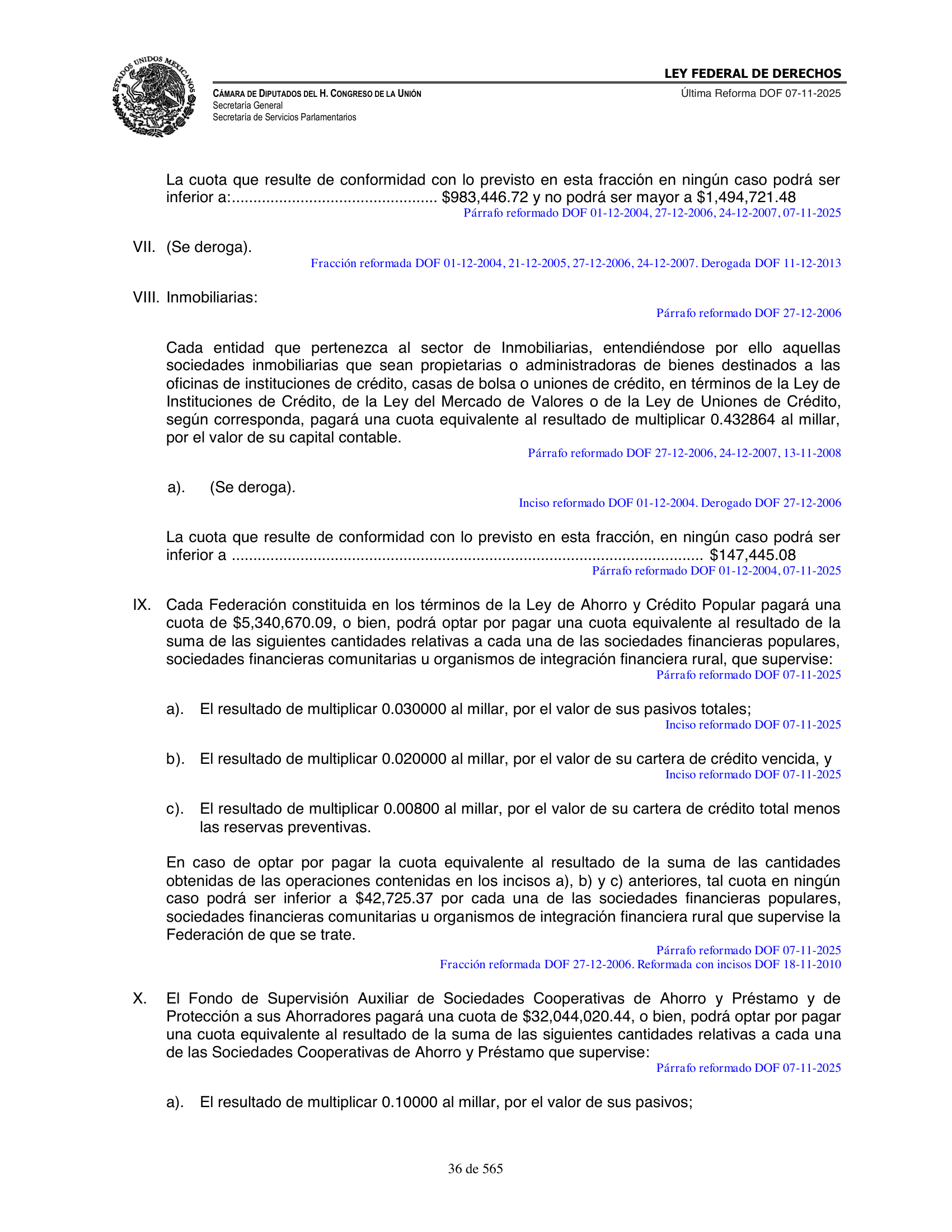 Ley Federal de Derechos — official Chamber compilation — original physical page 36 of 565; complete original page image governs, native search text may be incomplete.