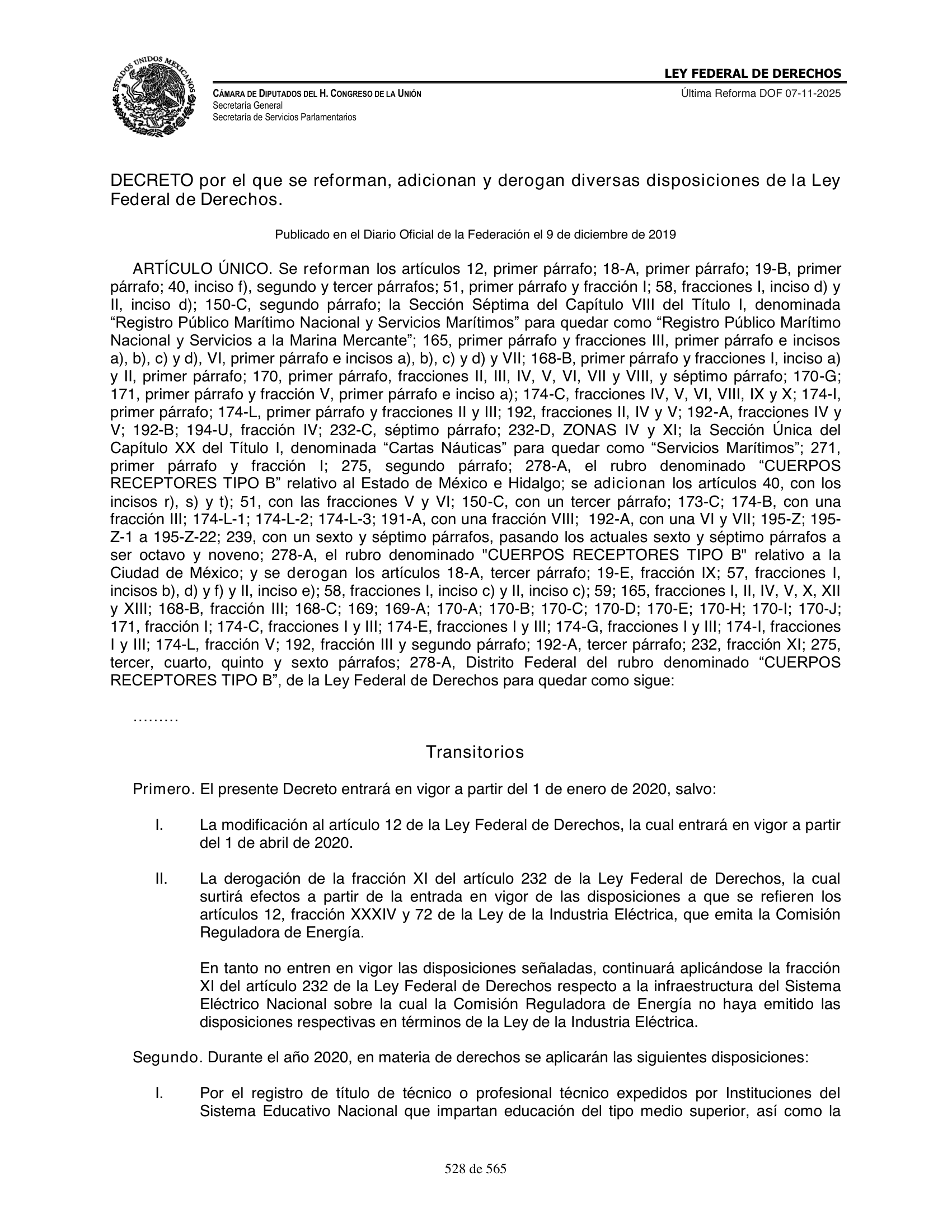 Ley Federal de Derechos — official Chamber compilation — original physical page 528 of 565; complete original page image governs, native search text may be incomplete.