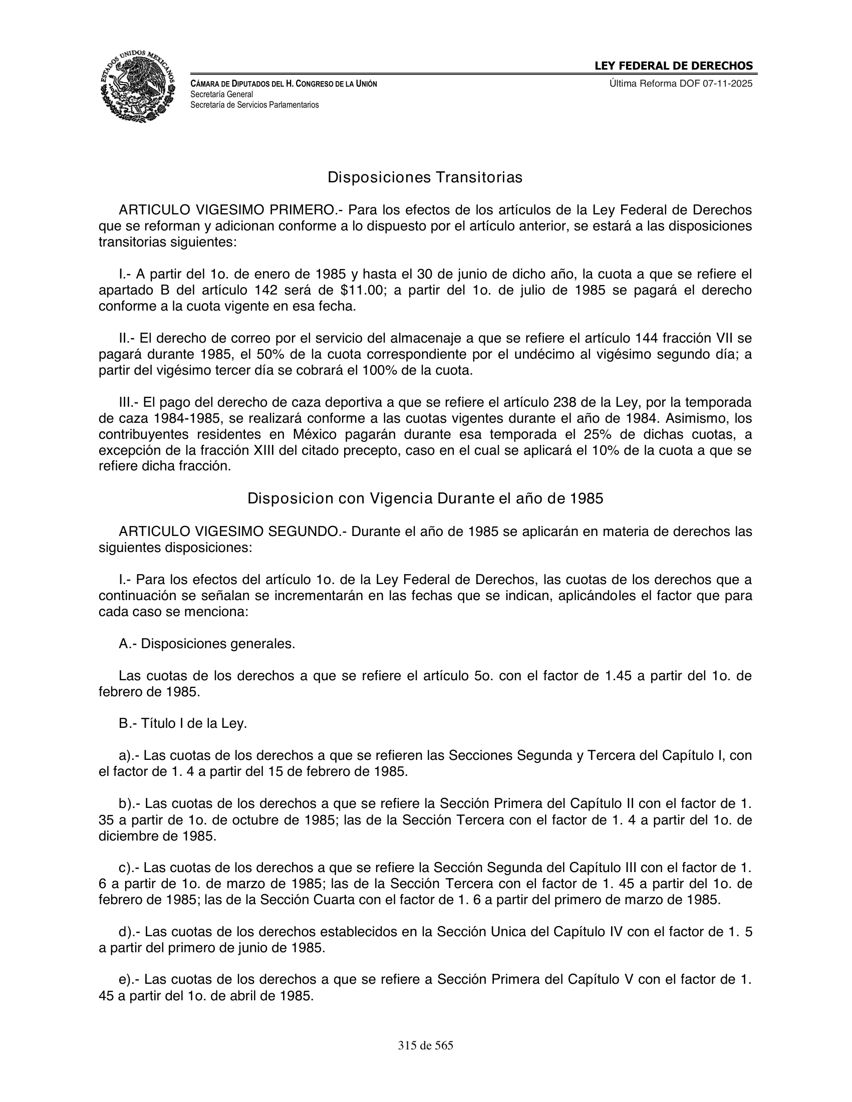 Ley Federal de Derechos — official Chamber compilation — original physical page 315 of 565; complete original page image governs, native search text may be incomplete.