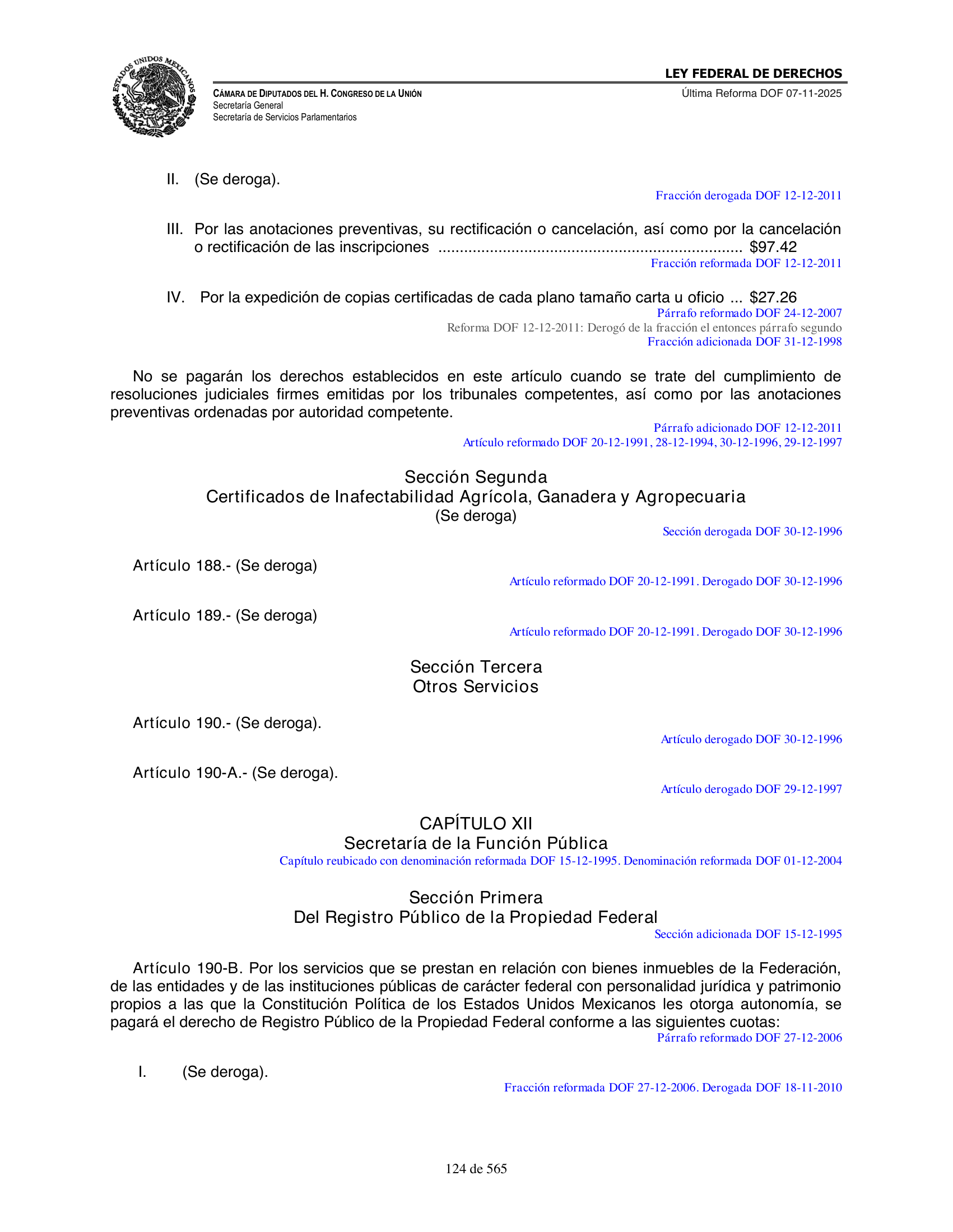 Ley Federal de Derechos — official Chamber compilation — original physical page 124 of 565; complete original page image governs, native search text may be incomplete.