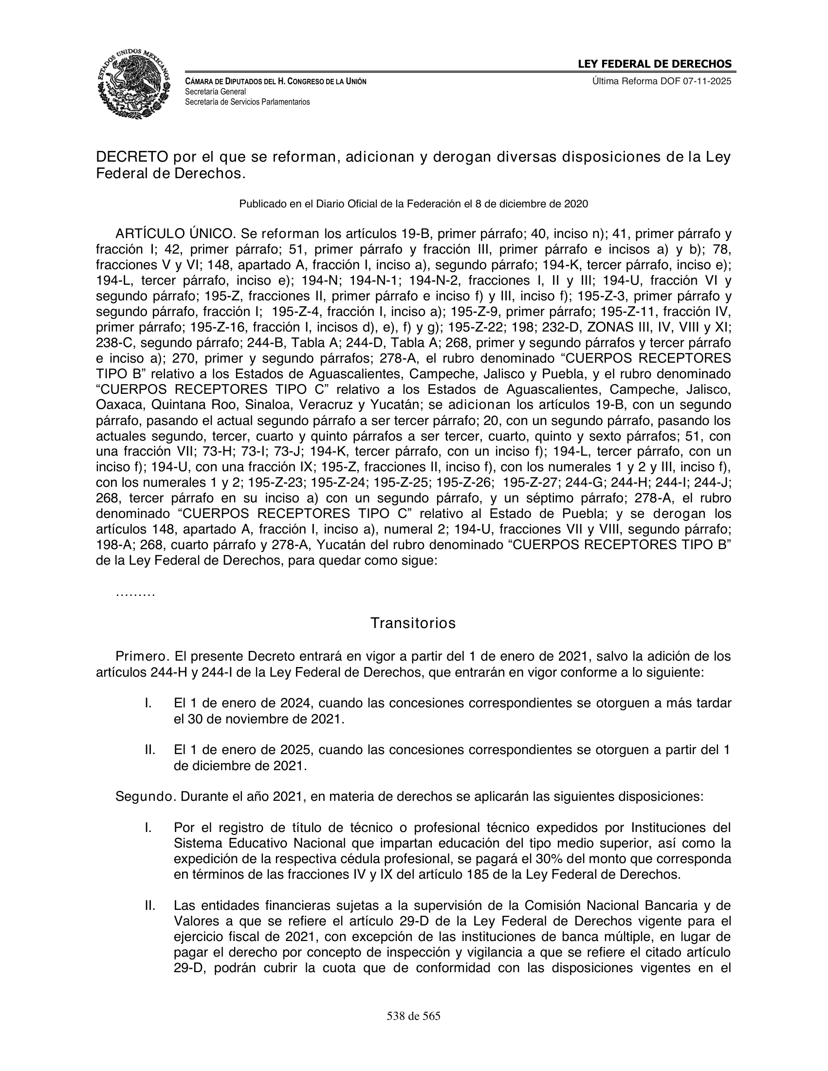 Ley Federal de Derechos — official Chamber compilation — original physical page 538 of 565; complete original page image governs, native search text may be incomplete.