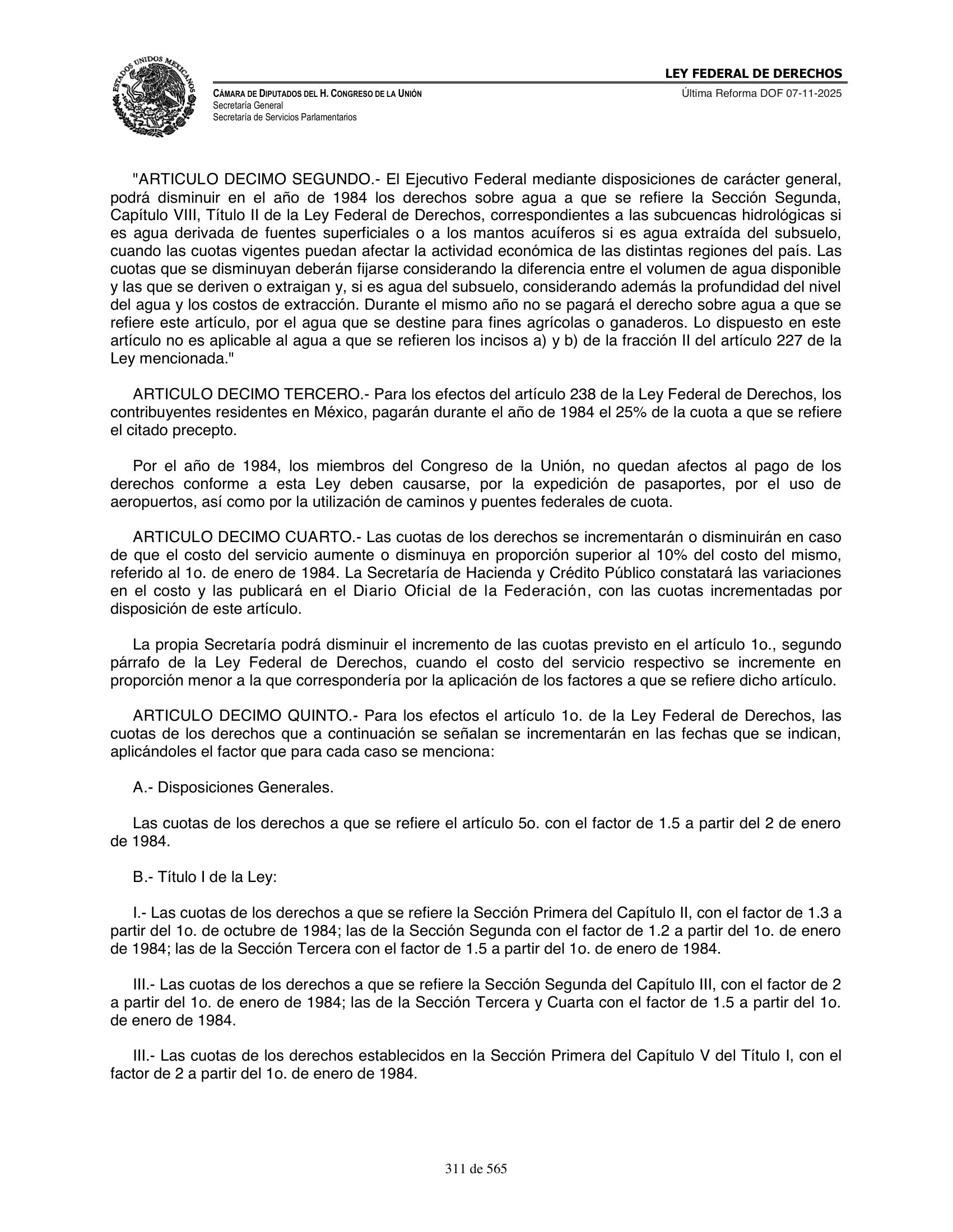 Ley Federal de Derechos — official Chamber compilation — original physical page 311 of 565; complete original page image governs, native search text may be incomplete.
