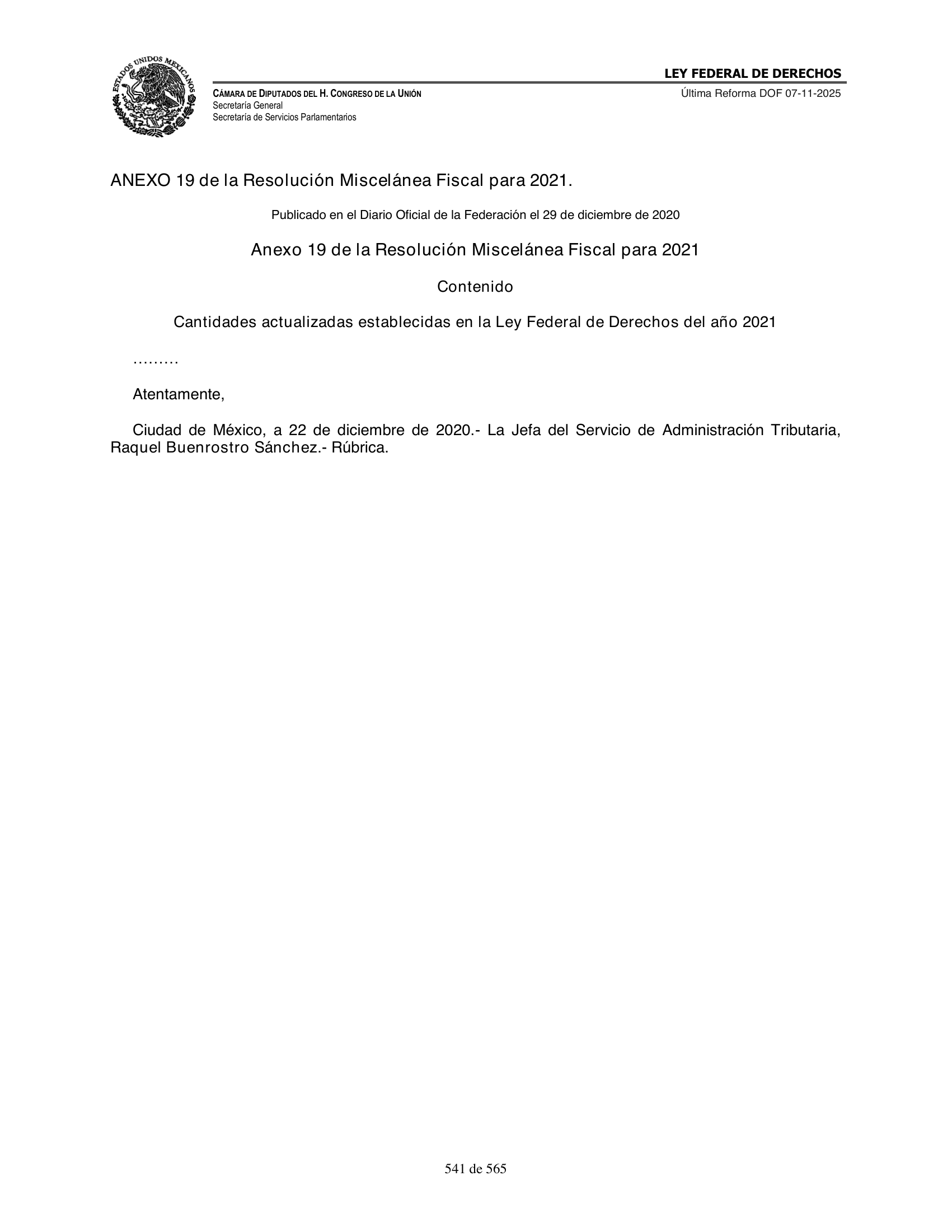 Ley Federal de Derechos — official Chamber compilation — original physical page 541 of 565; complete original page image governs, native search text may be incomplete.
