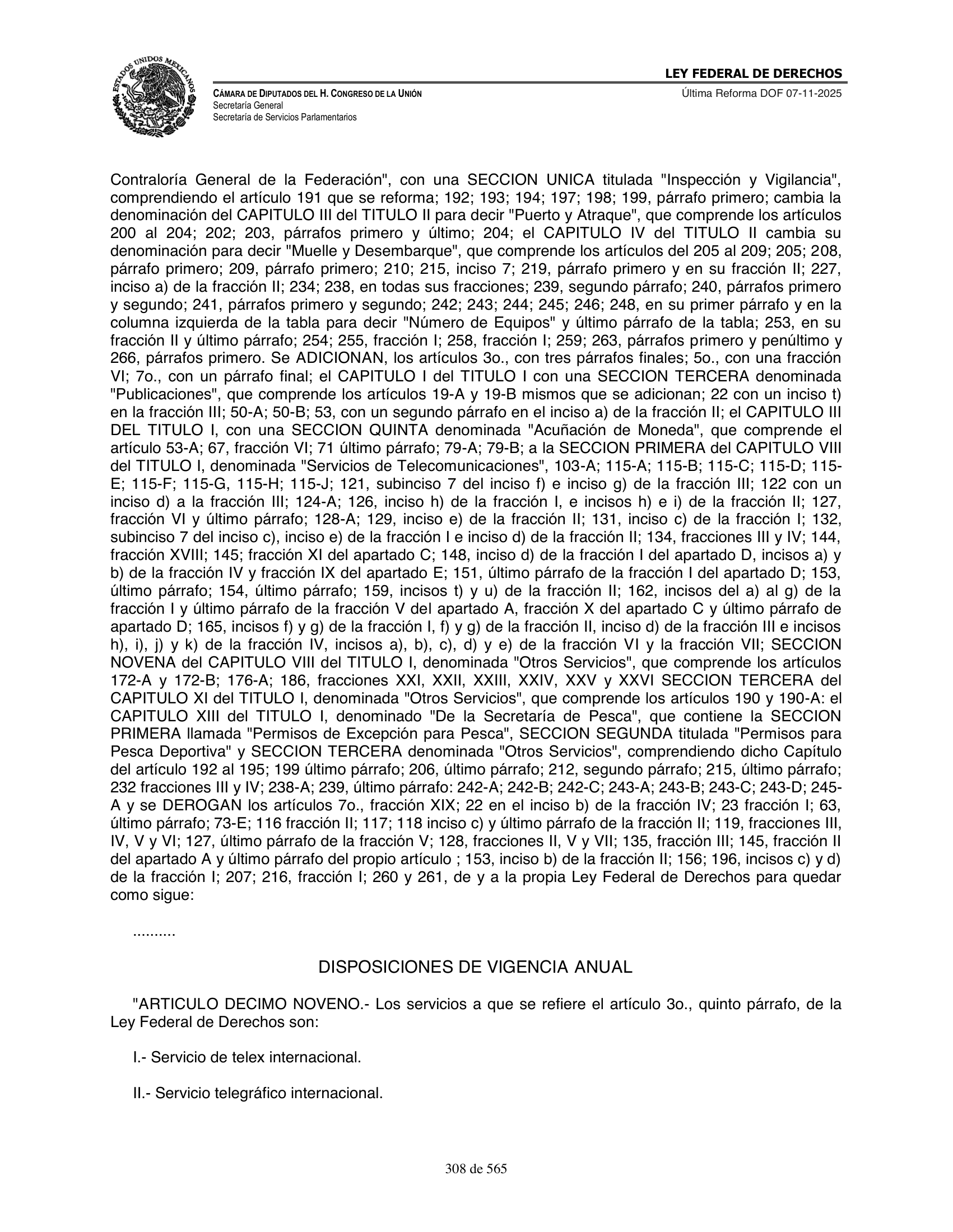Ley Federal de Derechos — official Chamber compilation — original physical page 308 of 565; complete original page image governs, native search text may be incomplete.