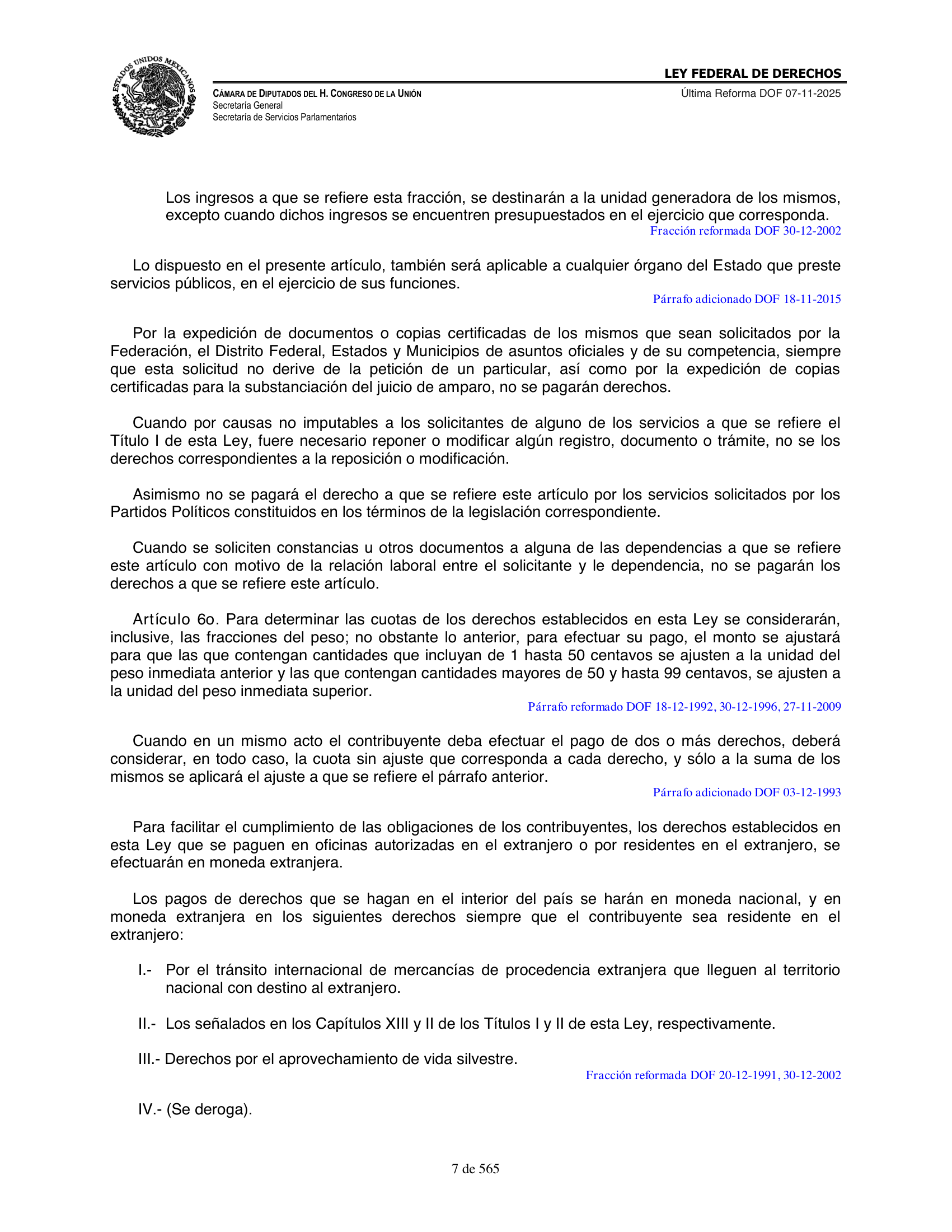 Ley Federal de Derechos — official Chamber compilation — original physical page 7 of 565; complete original page image governs, native search text may be incomplete.