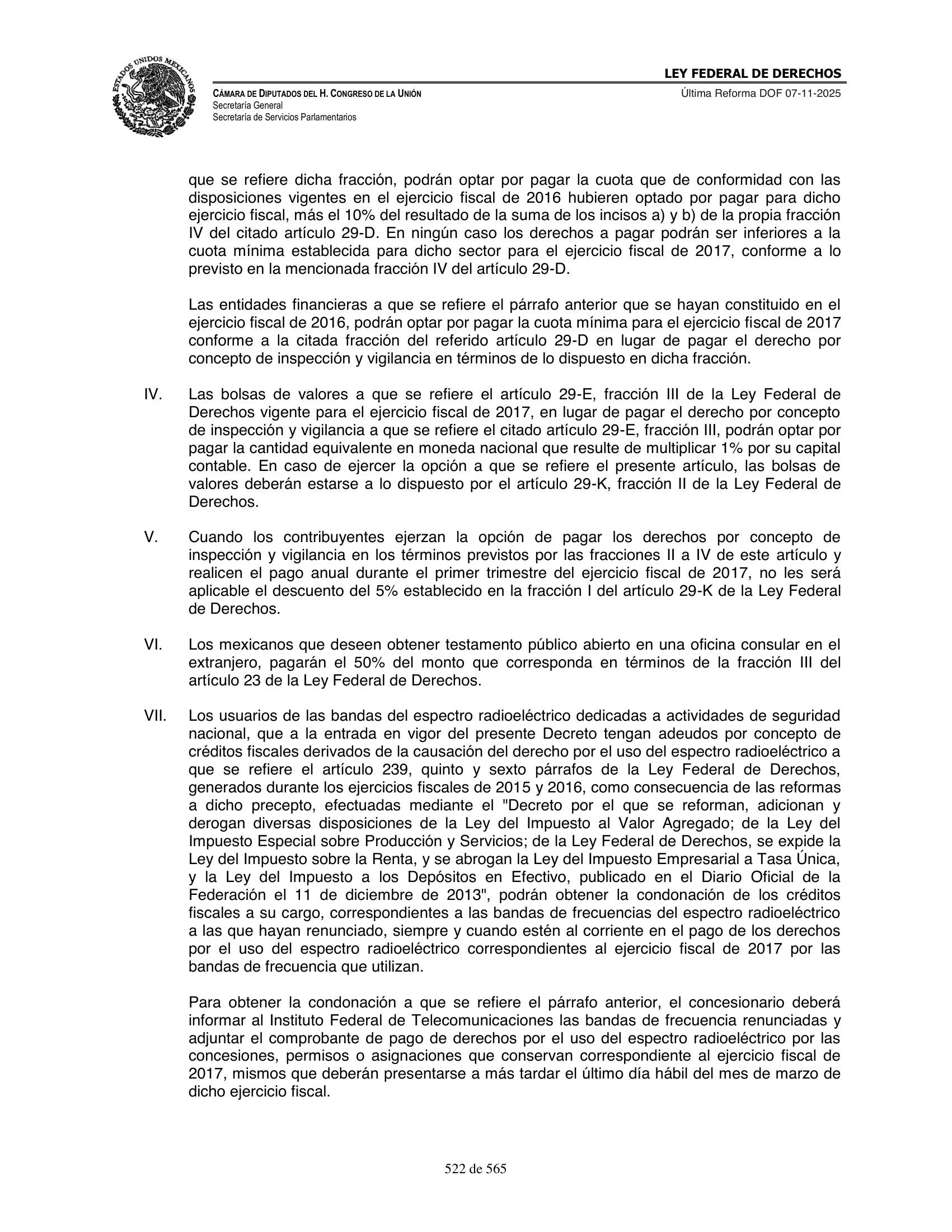 Ley Federal de Derechos — official Chamber compilation — original physical page 522 of 565; complete original page image governs, native search text may be incomplete.
