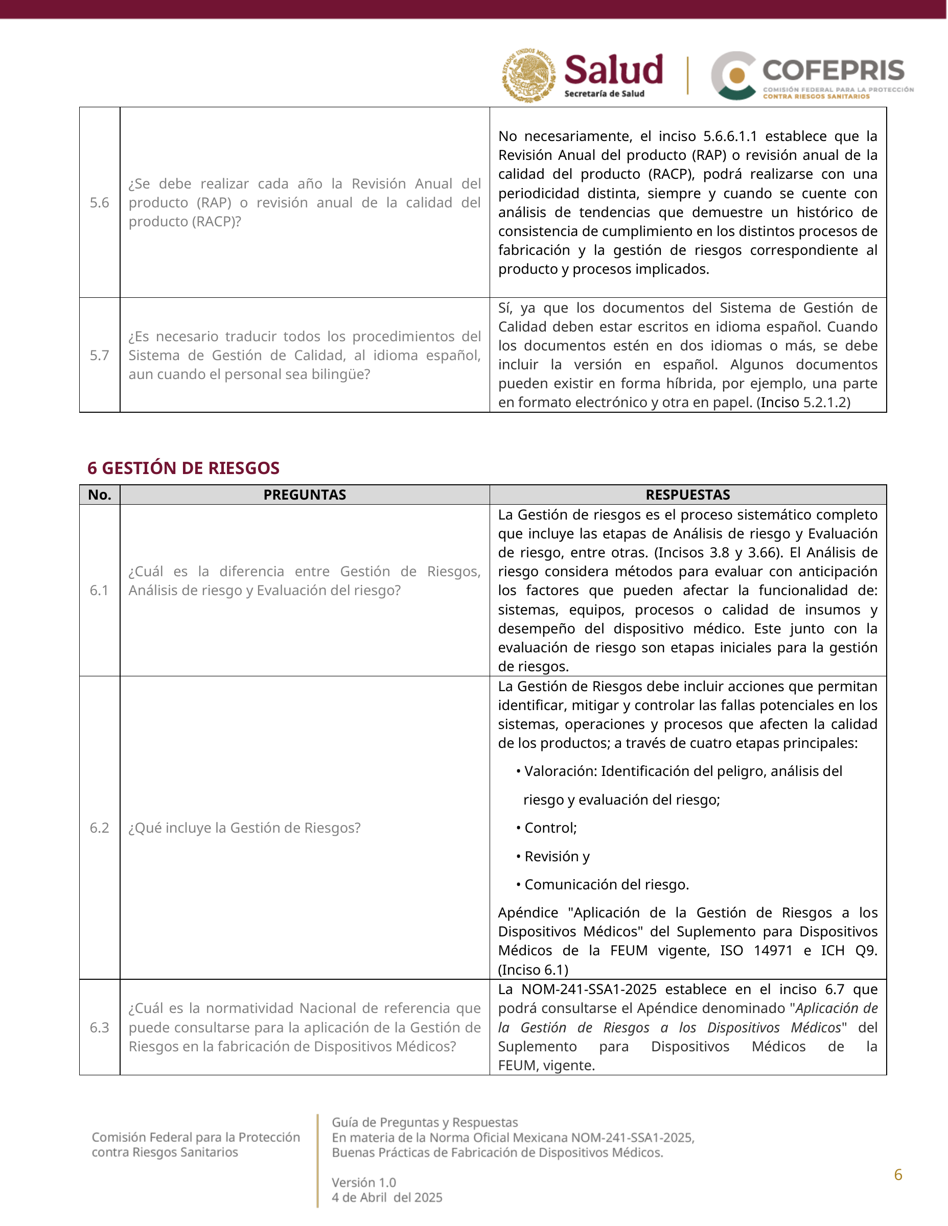 COFEPRIS NOM-241-SSA1-2025 questions and answers, version 1.0 — original physical PDF page 6; complete original page layout, table cells and figures retained.