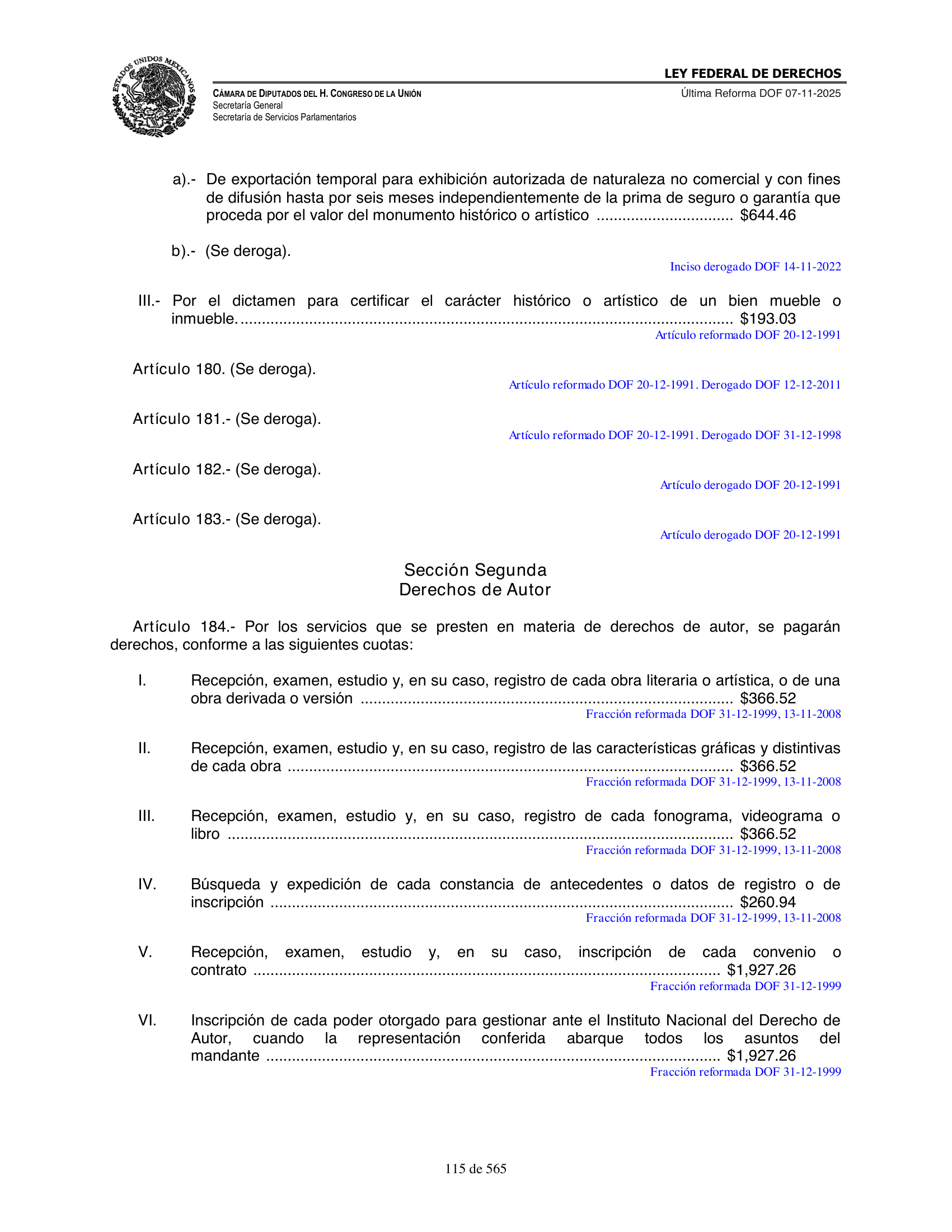 Ley Federal de Derechos — official Chamber compilation — original physical page 115 of 565; complete original page image governs, native search text may be incomplete.