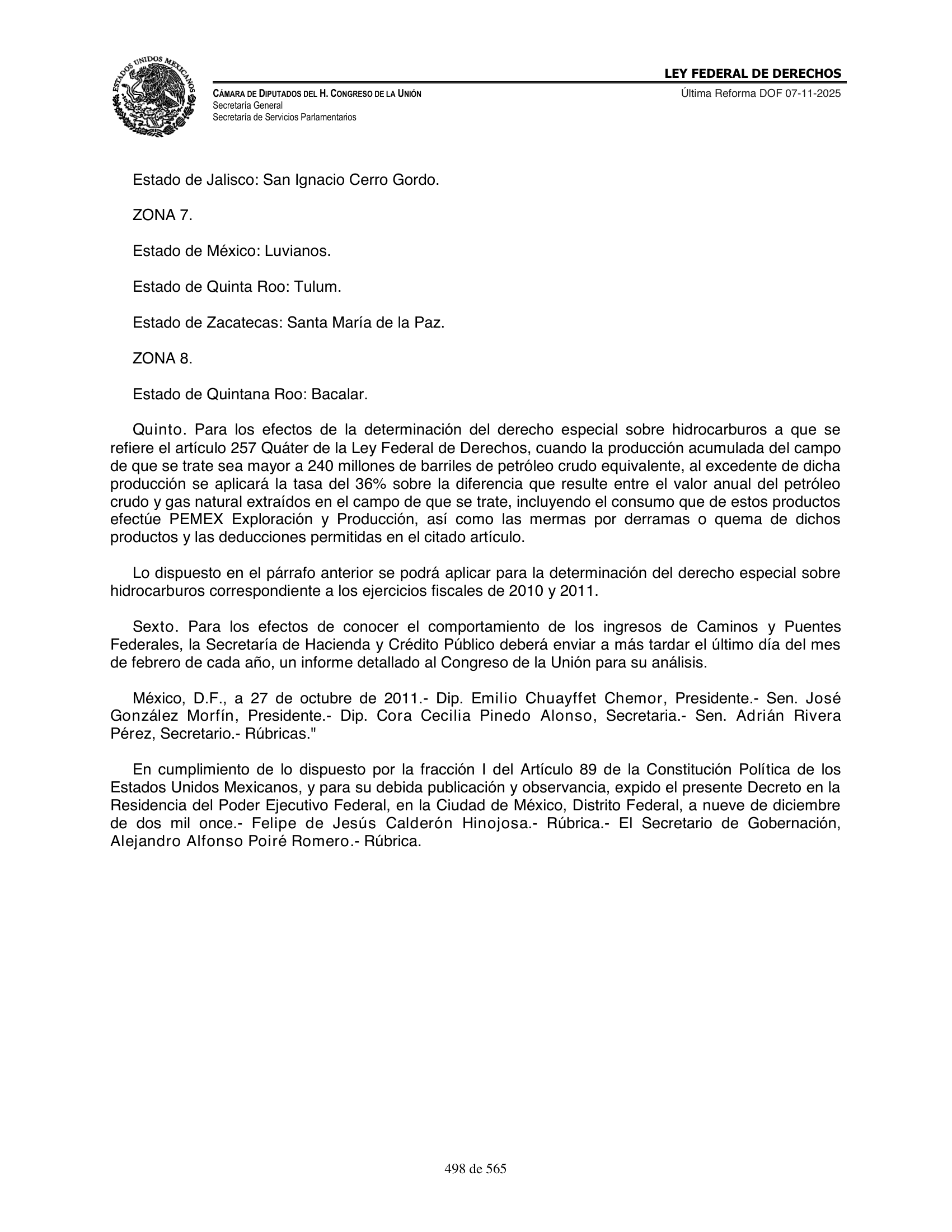 Ley Federal de Derechos — official Chamber compilation — original physical page 498 of 565; complete original page image governs, native search text may be incomplete.