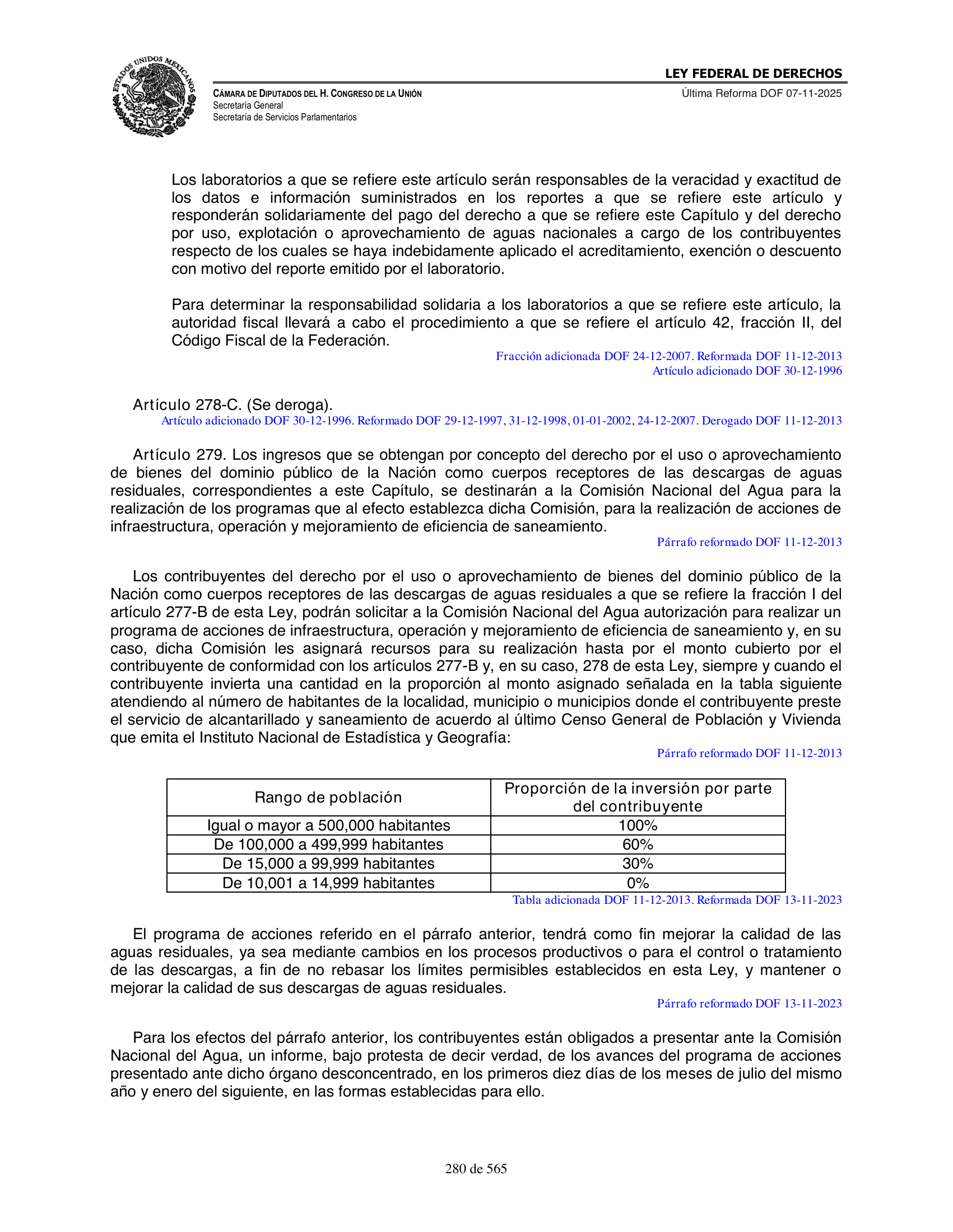 Ley Federal de Derechos — official Chamber compilation — original physical page 280 of 565; complete original page image governs, native search text may be incomplete.