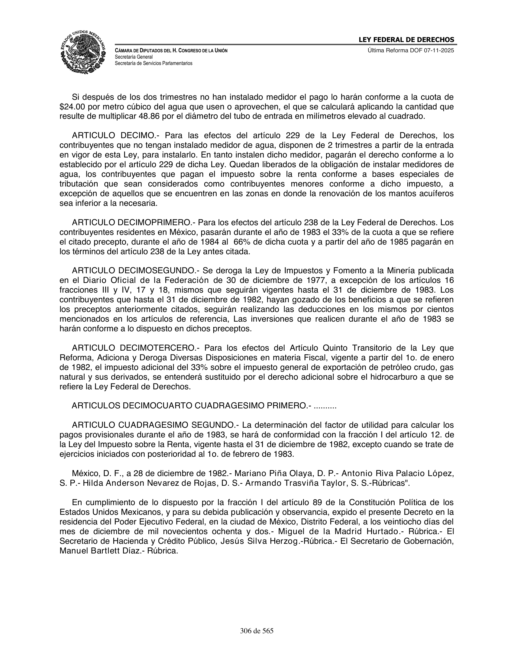 Ley Federal de Derechos — official Chamber compilation — original physical page 306 of 565; complete original page image governs, native search text may be incomplete.