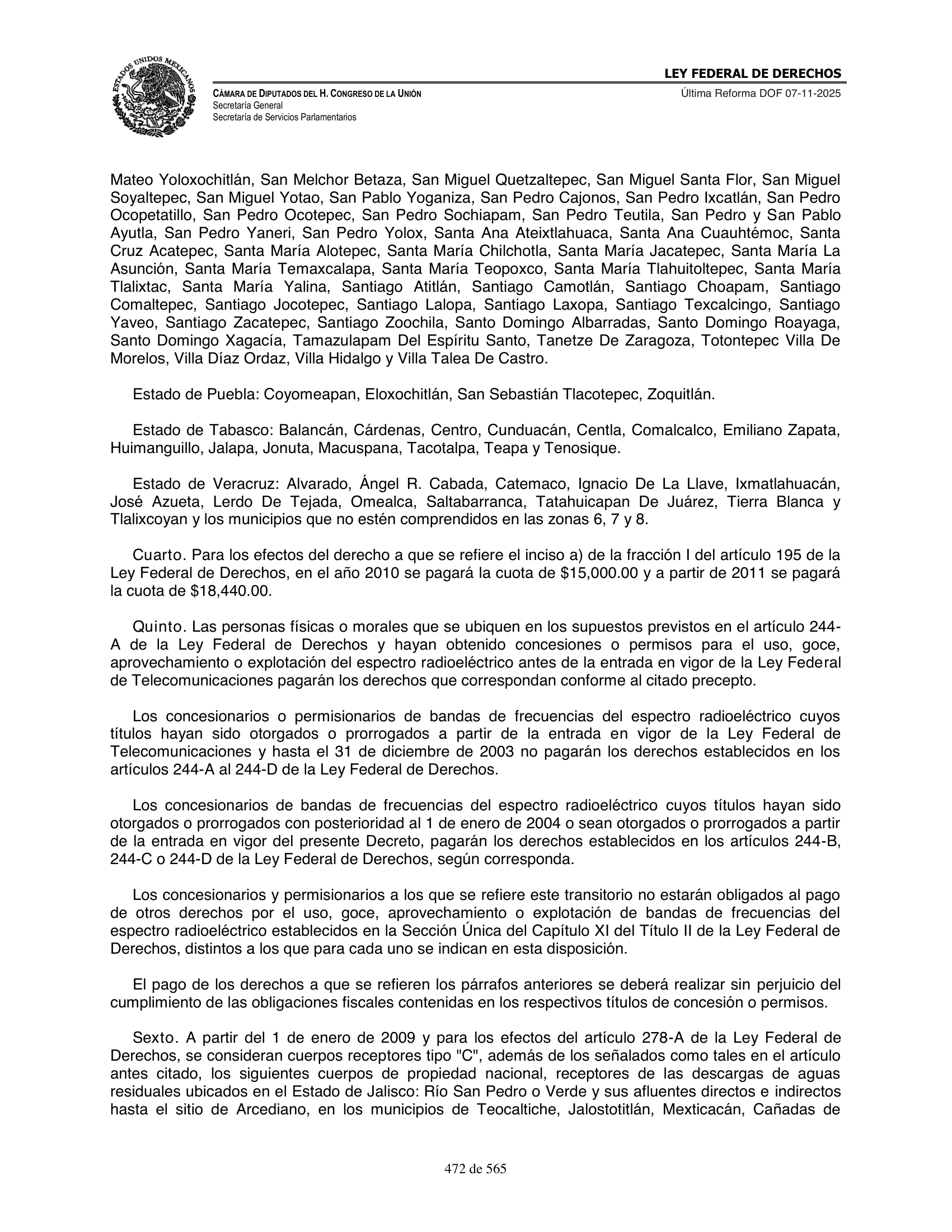Ley Federal de Derechos — official Chamber compilation — original physical page 472 of 565; complete original page image governs, native search text may be incomplete.
