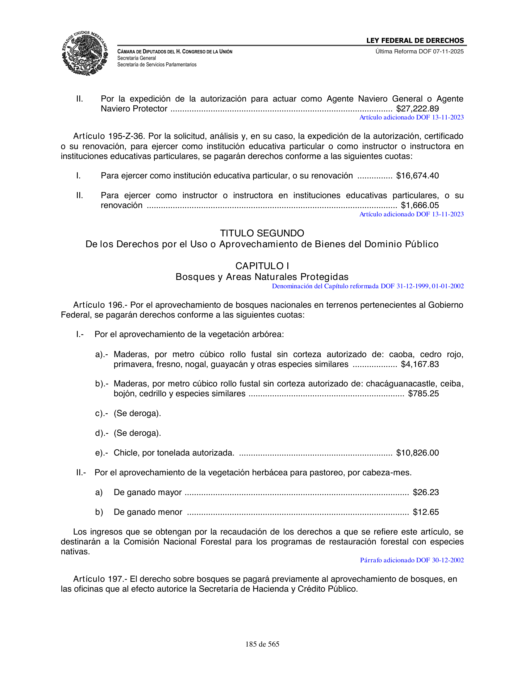 Ley Federal de Derechos — official Chamber compilation — original physical page 185 of 565; complete original page image governs, native search text may be incomplete.