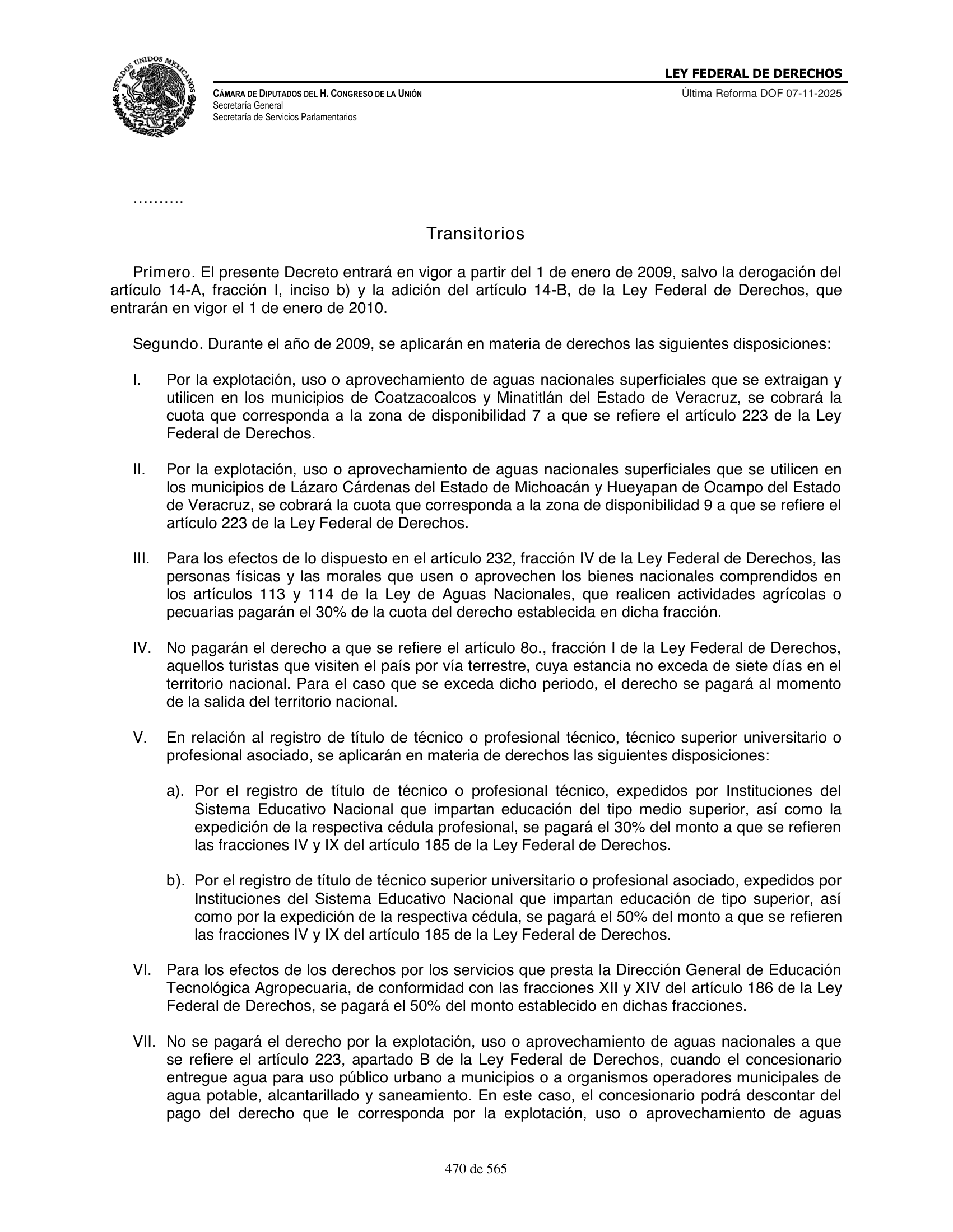Ley Federal de Derechos — official Chamber compilation — original physical page 470 of 565; complete original page image governs, native search text may be incomplete.