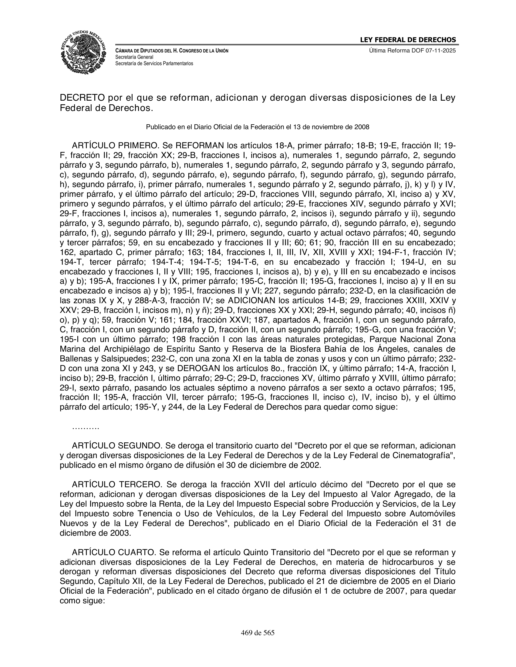 Ley Federal de Derechos — official Chamber compilation — original physical page 469 of 565; complete original page image governs, native search text may be incomplete.