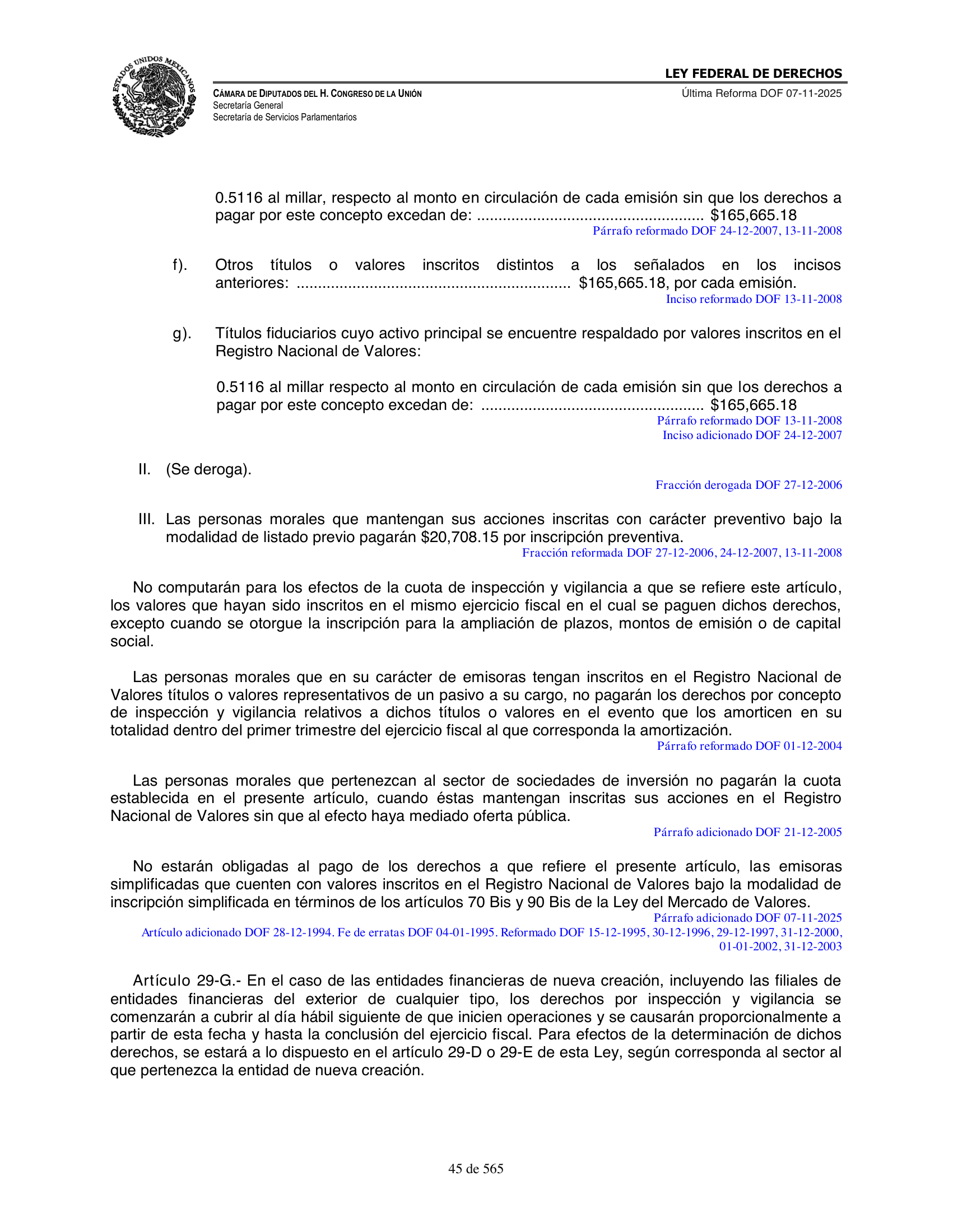 Ley Federal de Derechos — official Chamber compilation — original physical page 45 of 565; complete original page image governs, native search text may be incomplete.