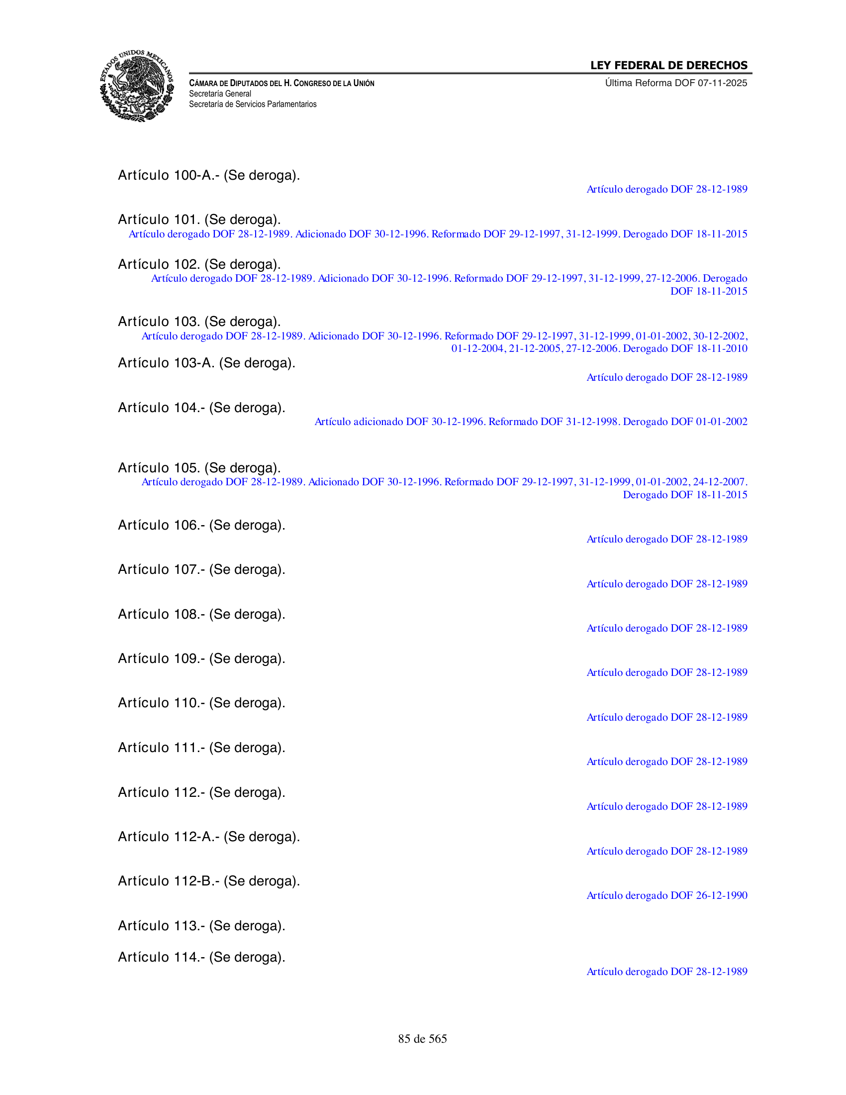 Ley Federal de Derechos — official Chamber compilation — original physical page 85 of 565; complete original page image governs, native search text may be incomplete.