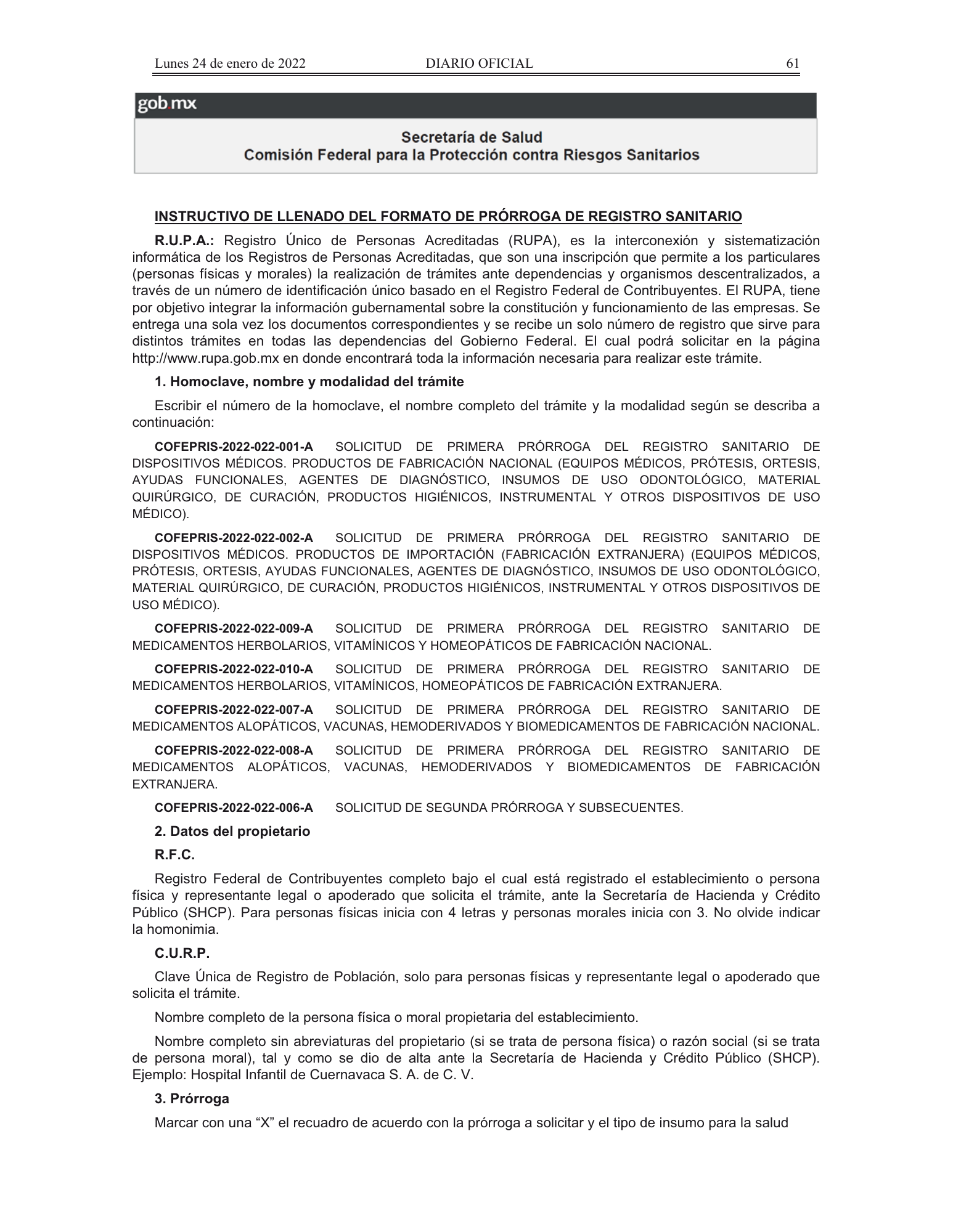 COFEPRIS procedures/forms amendment, DOF 24 January 2022 — original physical PDF page 26; complete page image is authoritative.