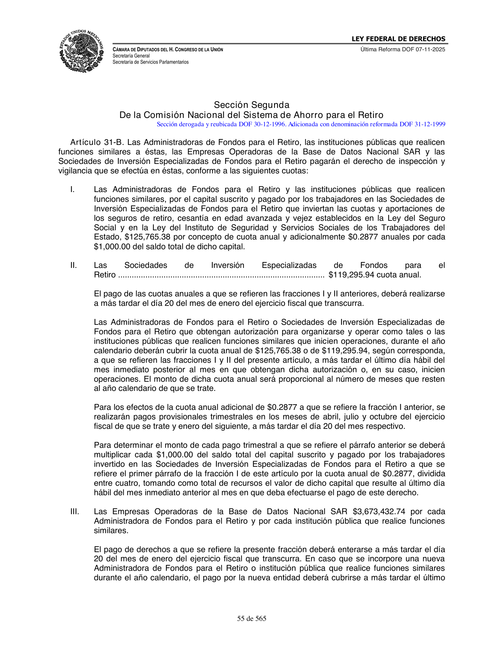 Ley Federal de Derechos — official Chamber compilation — original physical page 55 of 565; complete original page image governs, native search text may be incomplete.