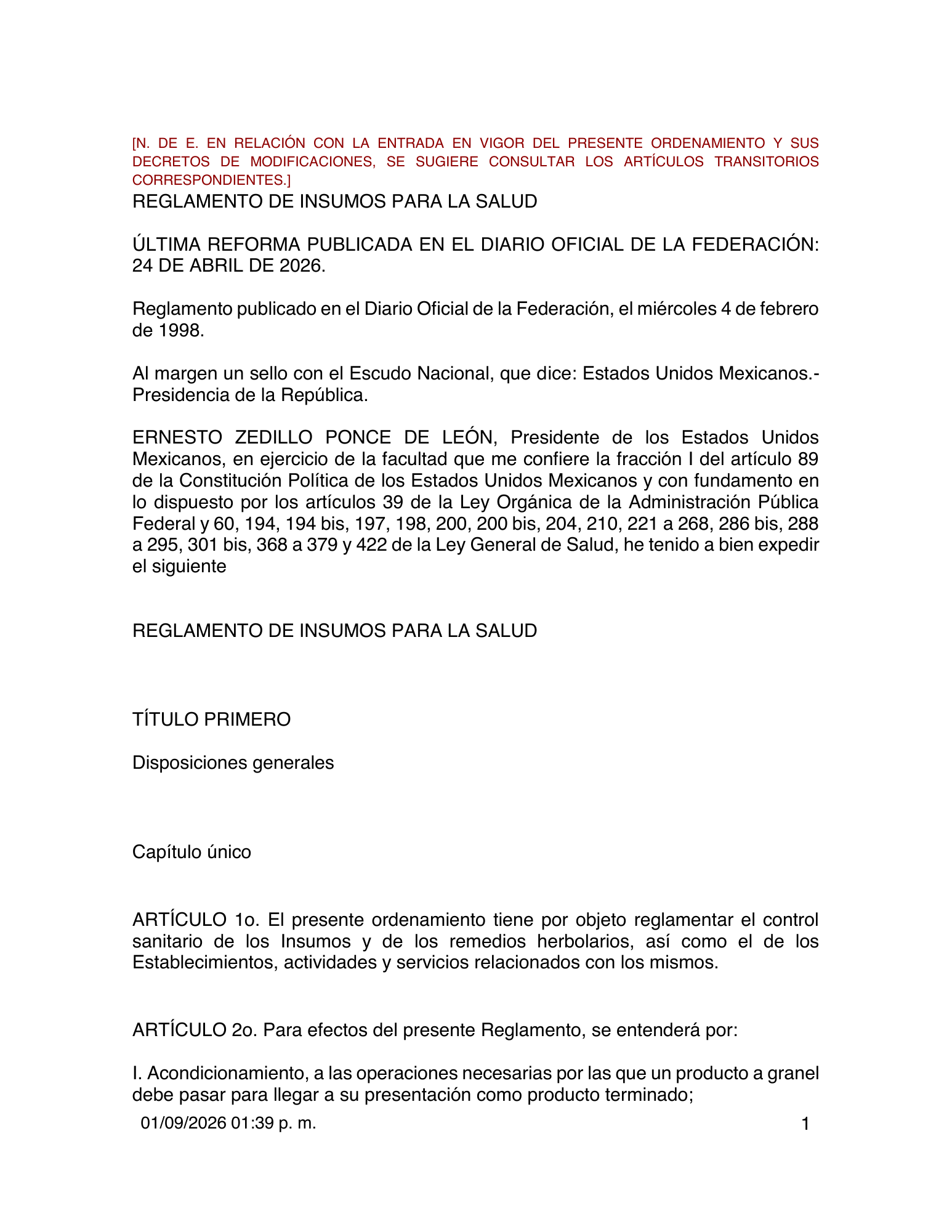 Reglamento de Insumos para la Salud — 2026 compiled expression — official PDF page 1