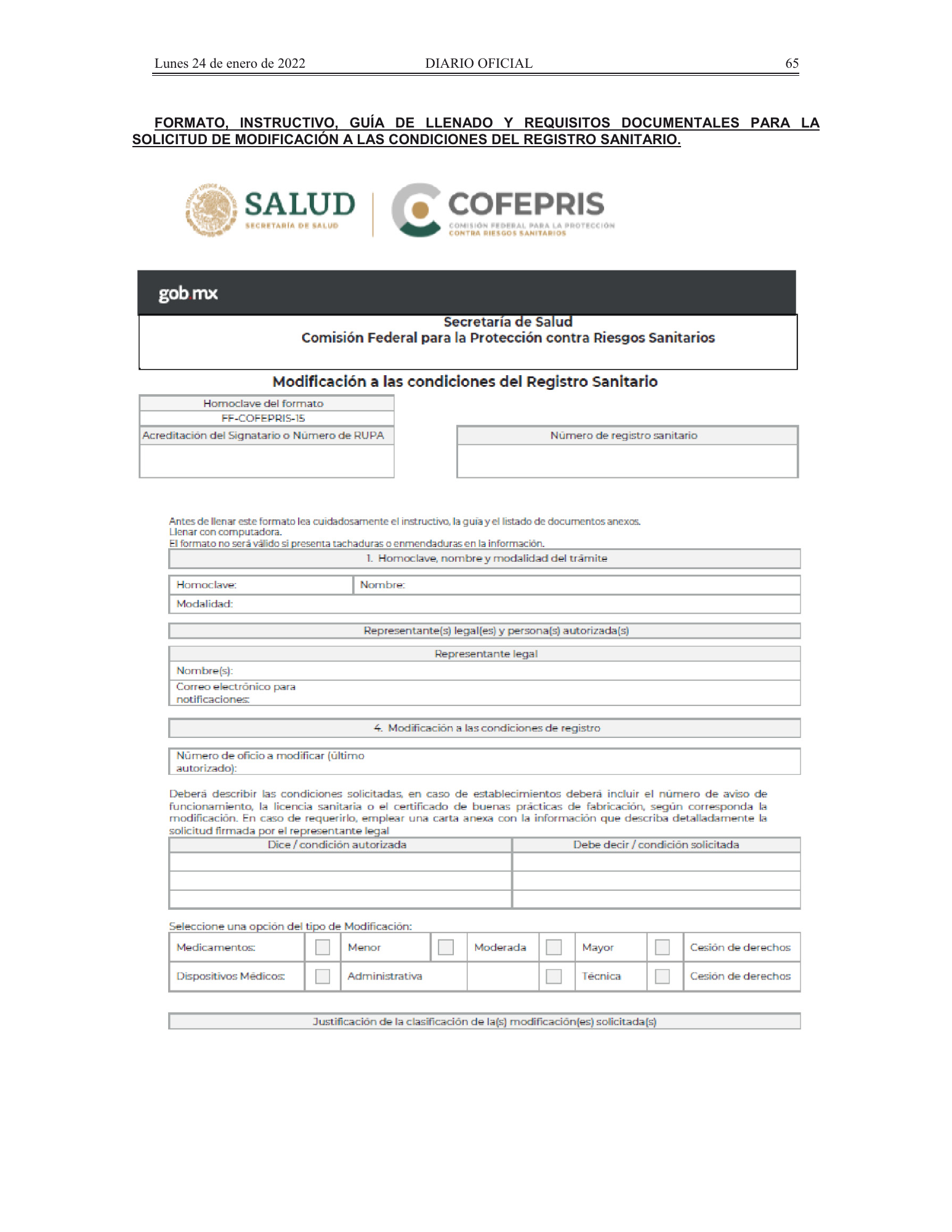 COFEPRIS procedures/forms amendment, DOF 24 January 2022 — original physical PDF page 30; complete page image is authoritative.