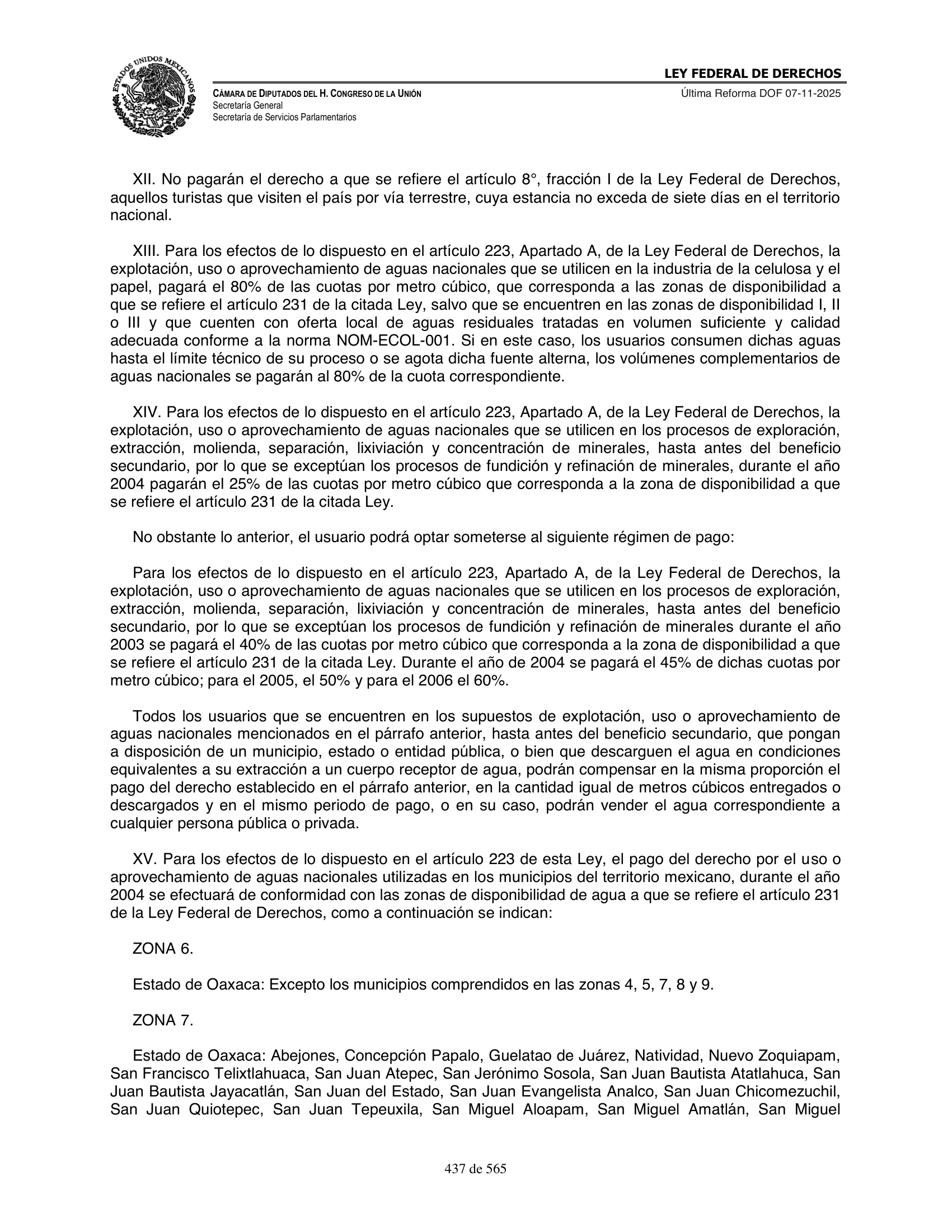 Ley Federal de Derechos — official Chamber compilation — original physical page 437 of 565; complete original page image governs, native search text may be incomplete.