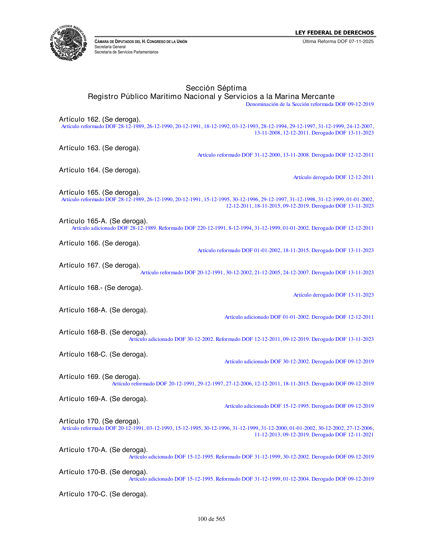 Ley Federal de Derechos — official Chamber compilation — original physical page 100 of 565; complete original page image governs, native search text may be incomplete.