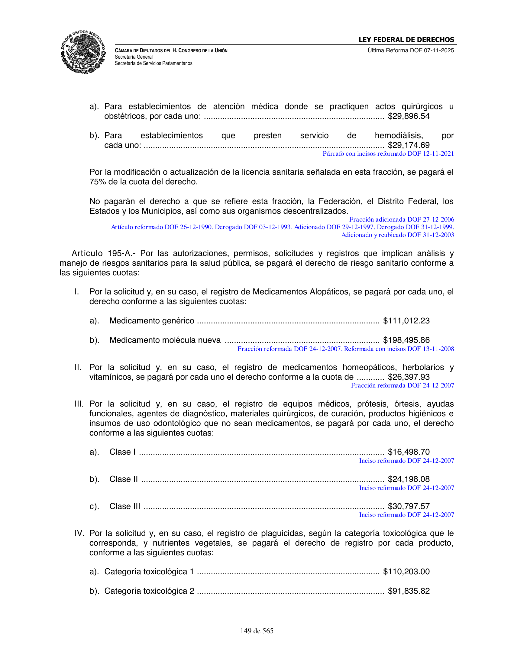 Ley Federal de Derechos — official Chamber compilation — original physical page 149 of 565; complete original page image governs, native search text may be incomplete.