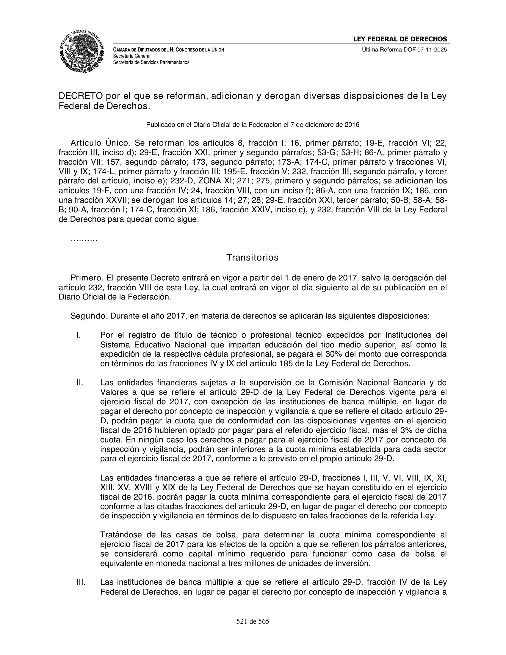 Ley Federal de Derechos — official Chamber compilation — original physical page 521 of 565; complete original page image governs, native search text may be incomplete.