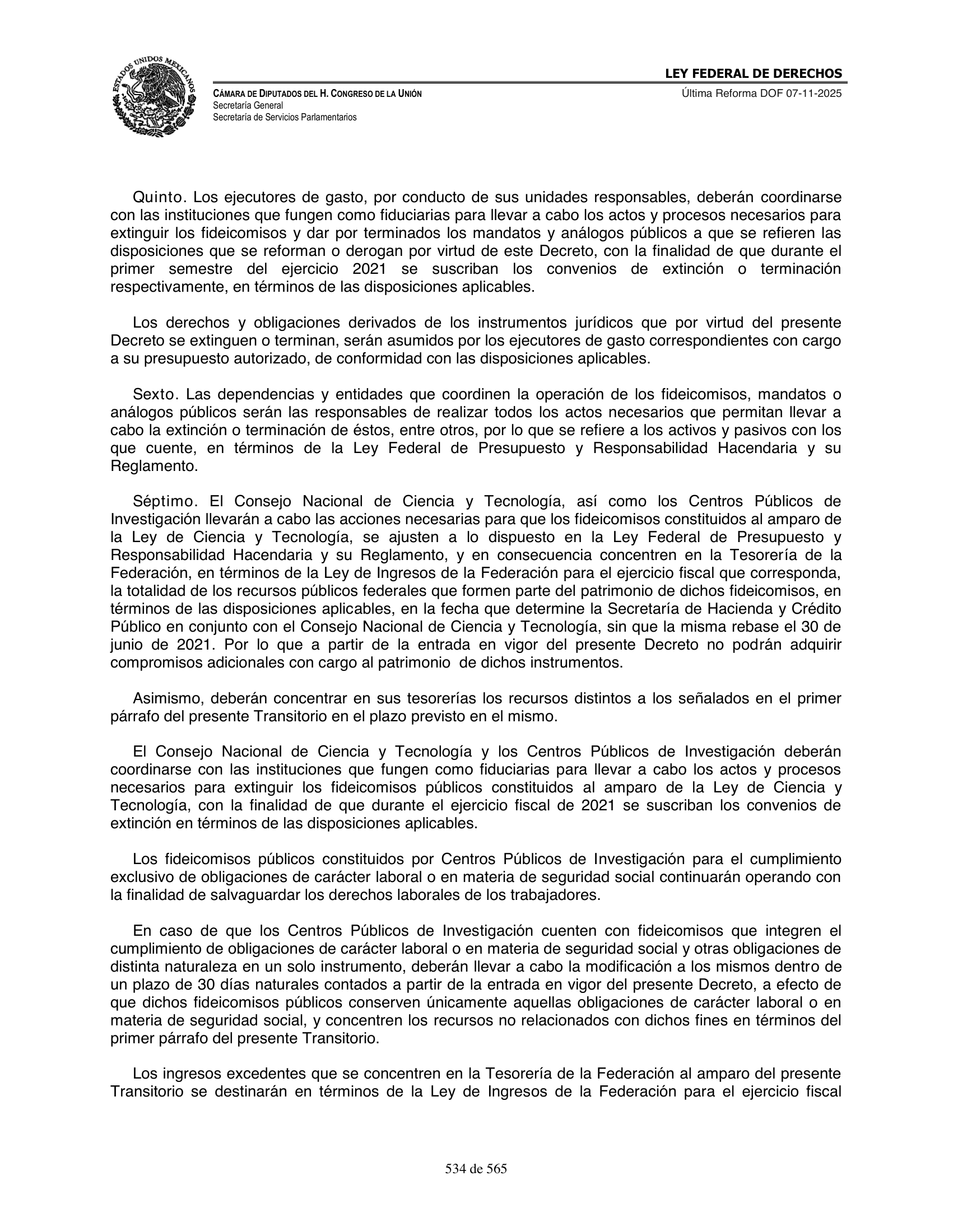 Ley Federal de Derechos — official Chamber compilation — original physical page 534 of 565; complete original page image governs, native search text may be incomplete.