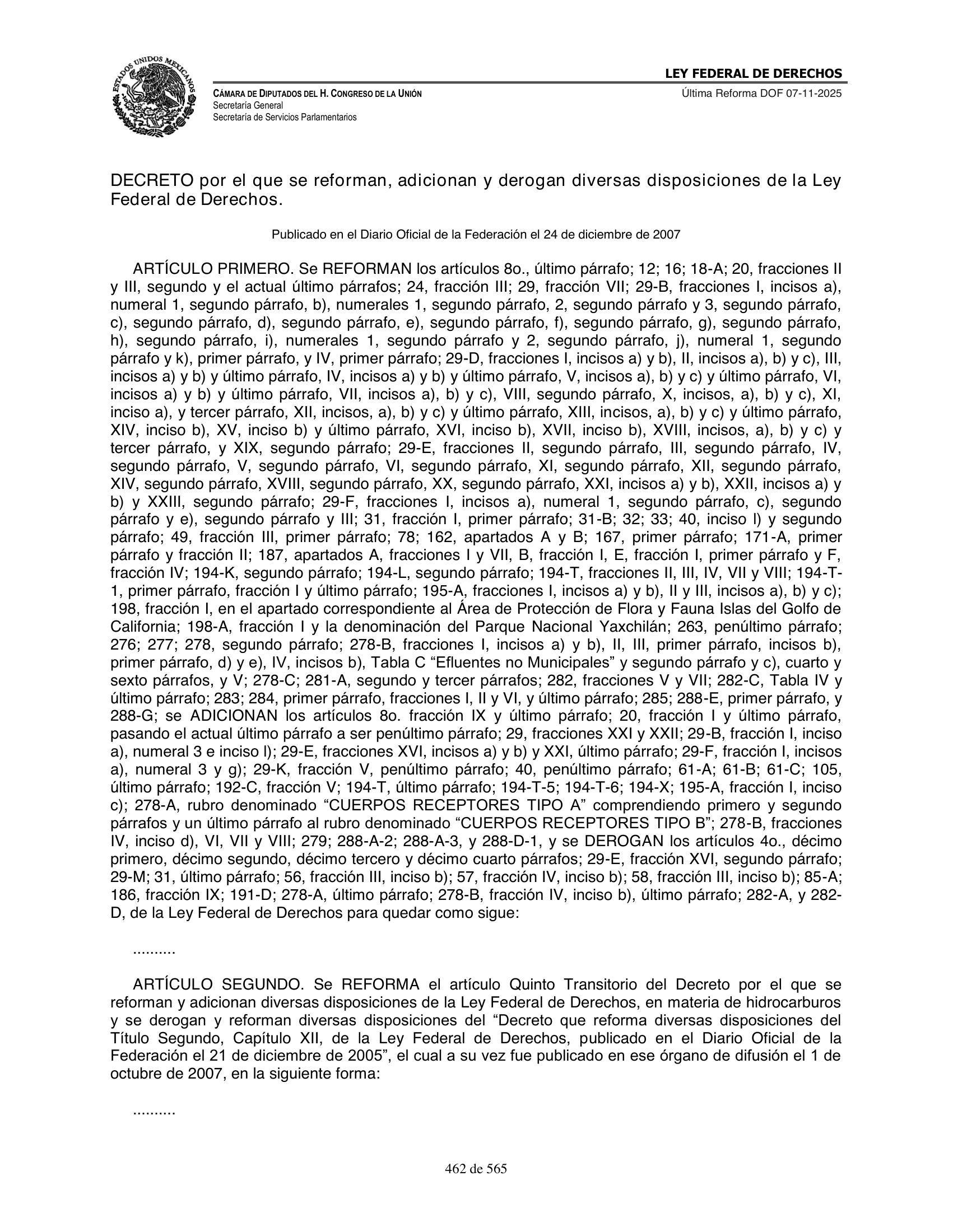 Ley Federal de Derechos — official Chamber compilation — original physical page 462 of 565; complete original page image governs, native search text may be incomplete.