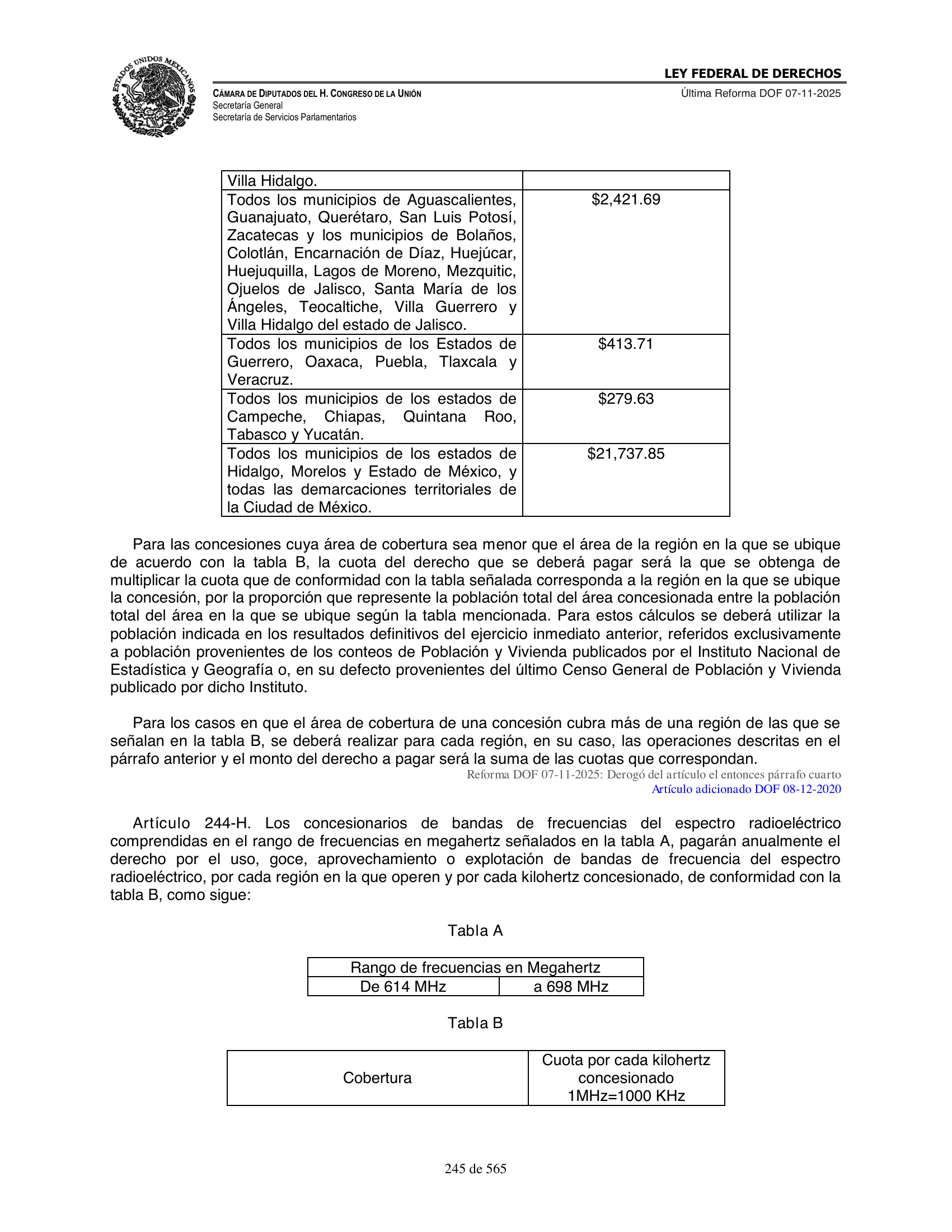 Ley Federal de Derechos — official Chamber compilation — original physical page 245 of 565; complete original page image governs, native search text may be incomplete.